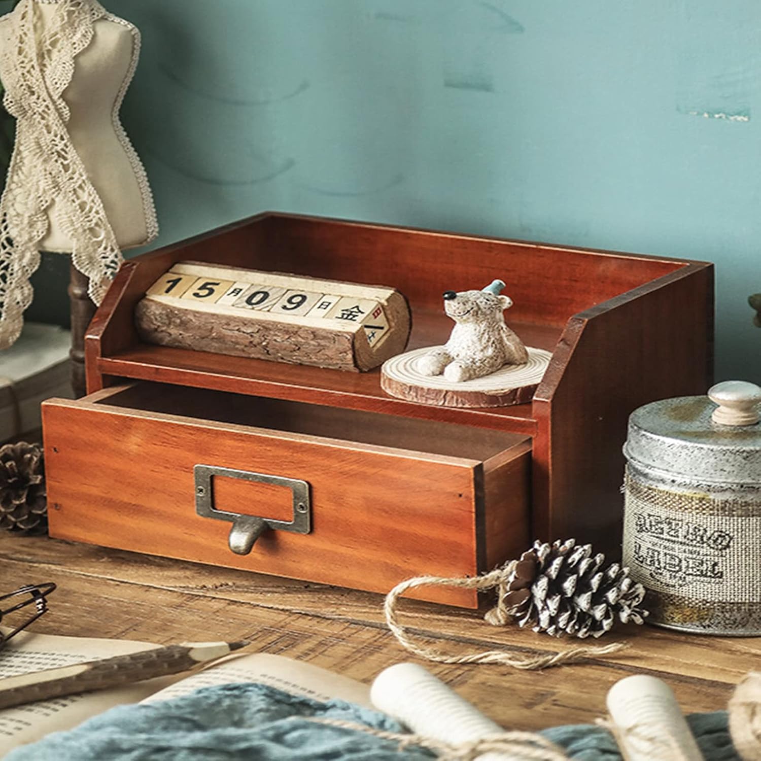Sewing Kit, Wooden Sewing Basket Sewing Box with 1 Storage Drawers Wooden Storage Box Rustic Dresser,Green