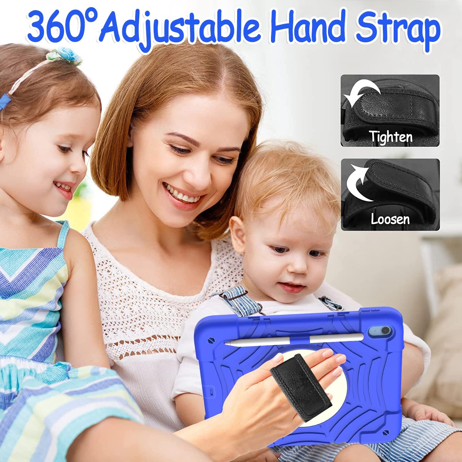 BMOUO iPad 10th Generation Case, iPad 10.9 2022 Case - with Screen Protector, 360 Rotating Stand & Pencil Holder & Hand & Shoulder Strap Shockproof Kids Case for iPad 10th Generation 10.9” 2022, Blue