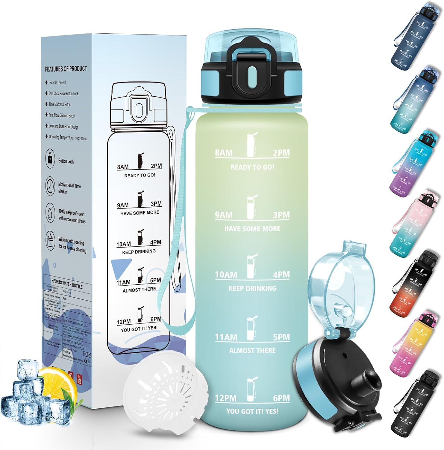Sports Water Bottle Leak-Proof 500 ml Water Bottle Time Marking and Motivational Suitable for Carbonated Drinks Mint Green & Light Blue
