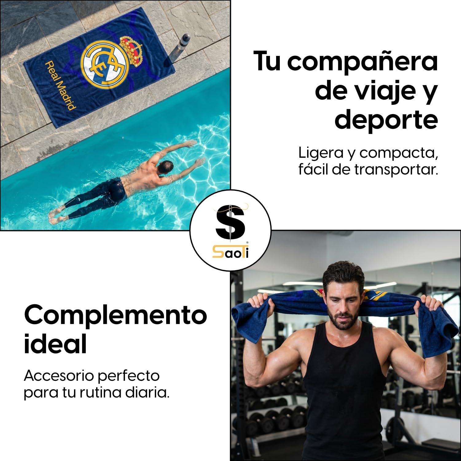 SaoTi Toalla Baño Grande Algodón 320g 75x150 cm - Toallas Ducha Ultra Absorbentes Gimnasio - Toallas Playa Fútbol Equipo Merengue Secado Rápido Adulto