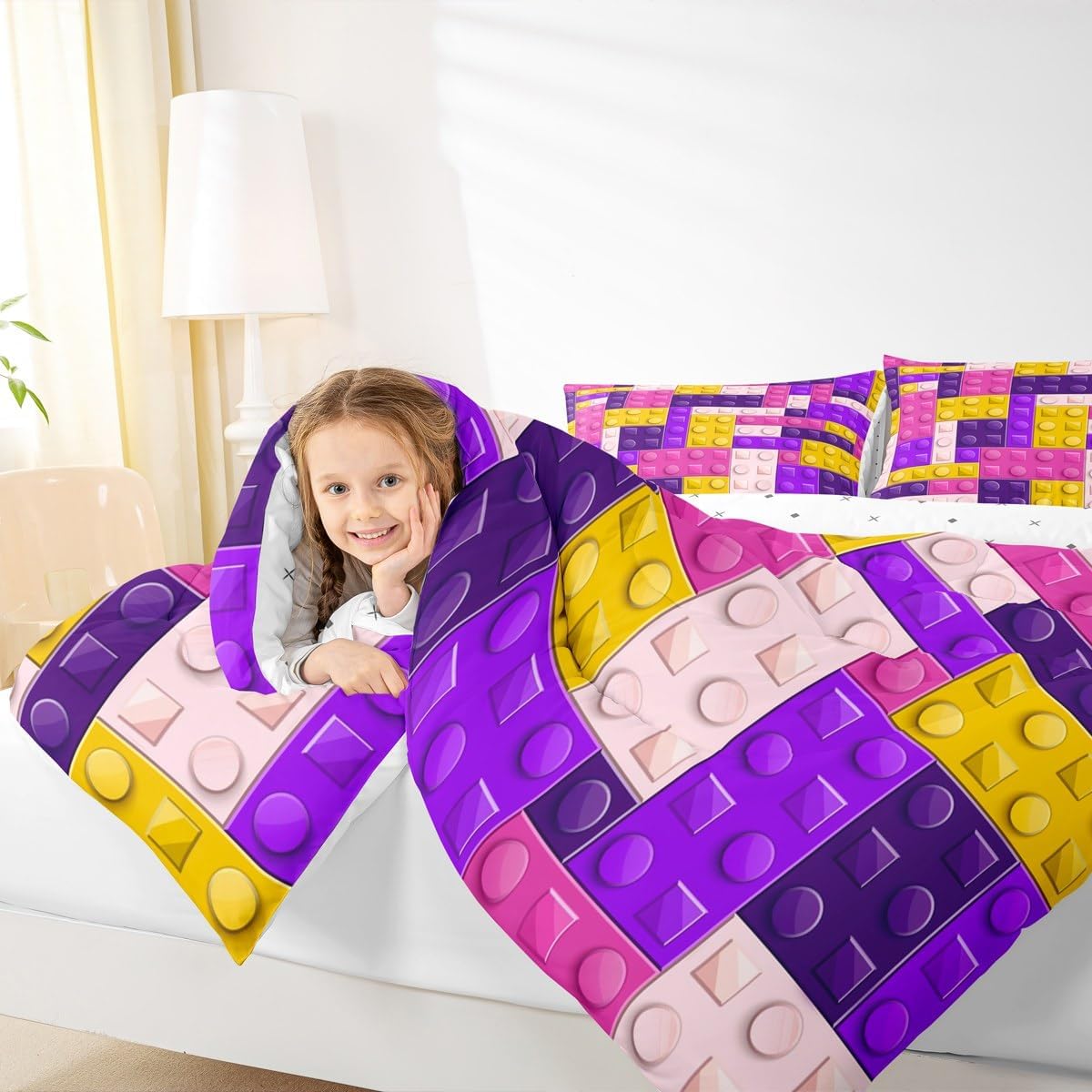 Feelyou Colorful Toy Bedding Set Teen Women Men Funny Building Blocks Decor Comforter Set Toddler Size Kids Boys Girls Purple Yellow Geometric Brick Duvet Insert Cute Games Room Decor