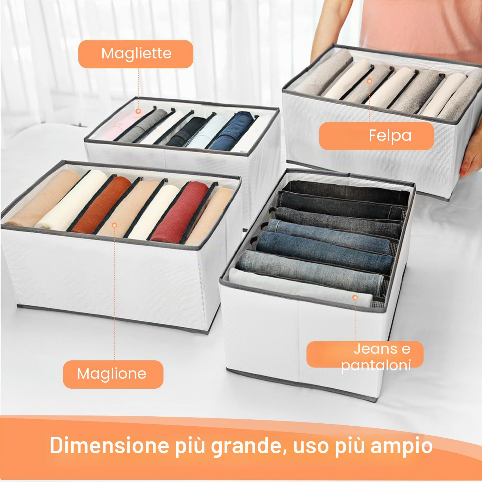 EASEVE Confezione da 6 organizer per armadio e vestiti – Divisori pieghevoli per cassetti a 7 scomparti, organizer per jeans, pantaloni, camicie, pantaloni, scatole impilabili per abbigliamento
