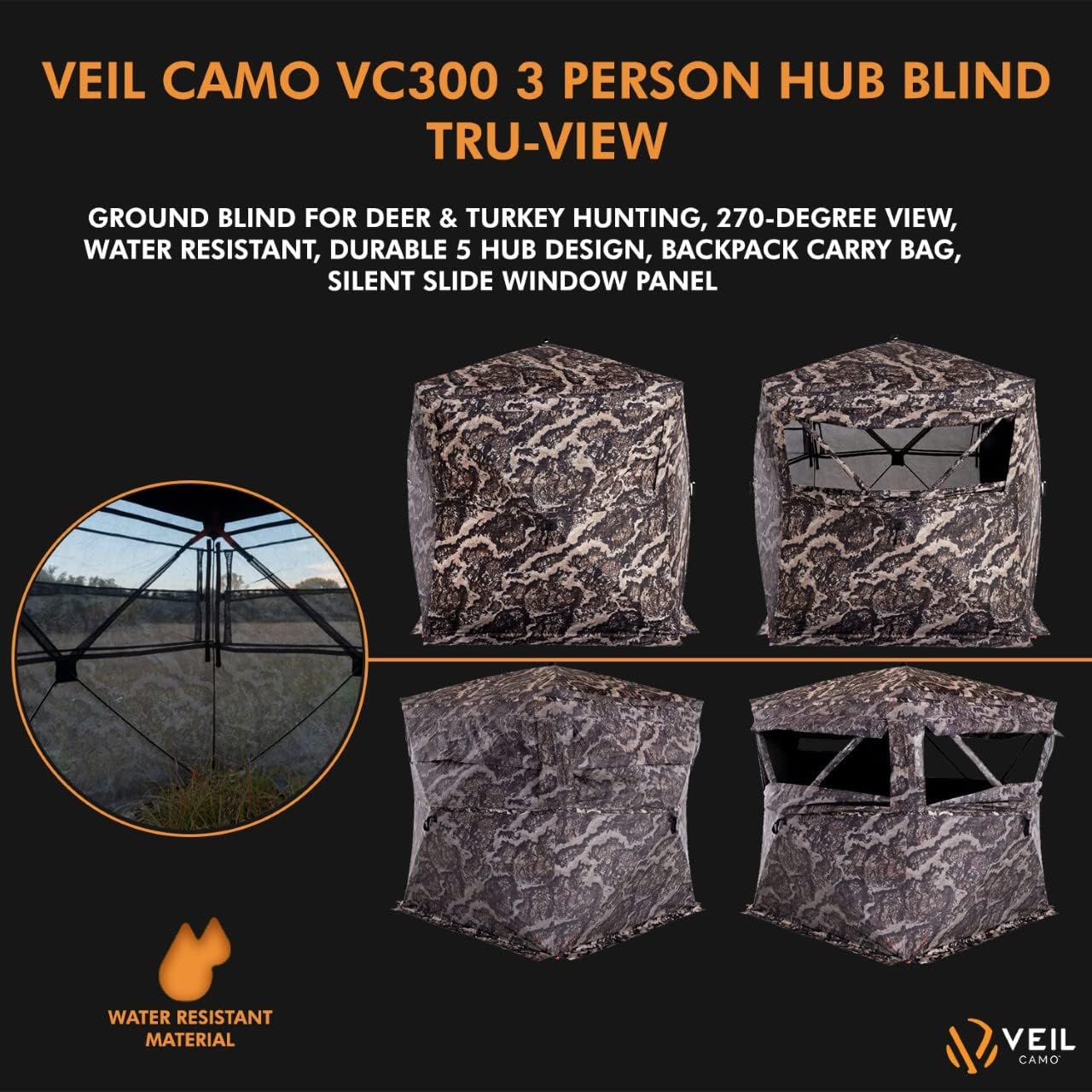 VEIL CAMO VC300 3-Person Hub Blind Tru-View – Ground Blind for Deer Hunting, 270-Degree View, Water Resistant, Durable 5-Hub Design, Backpack Carry Bag, Silent Slide Window Panels
