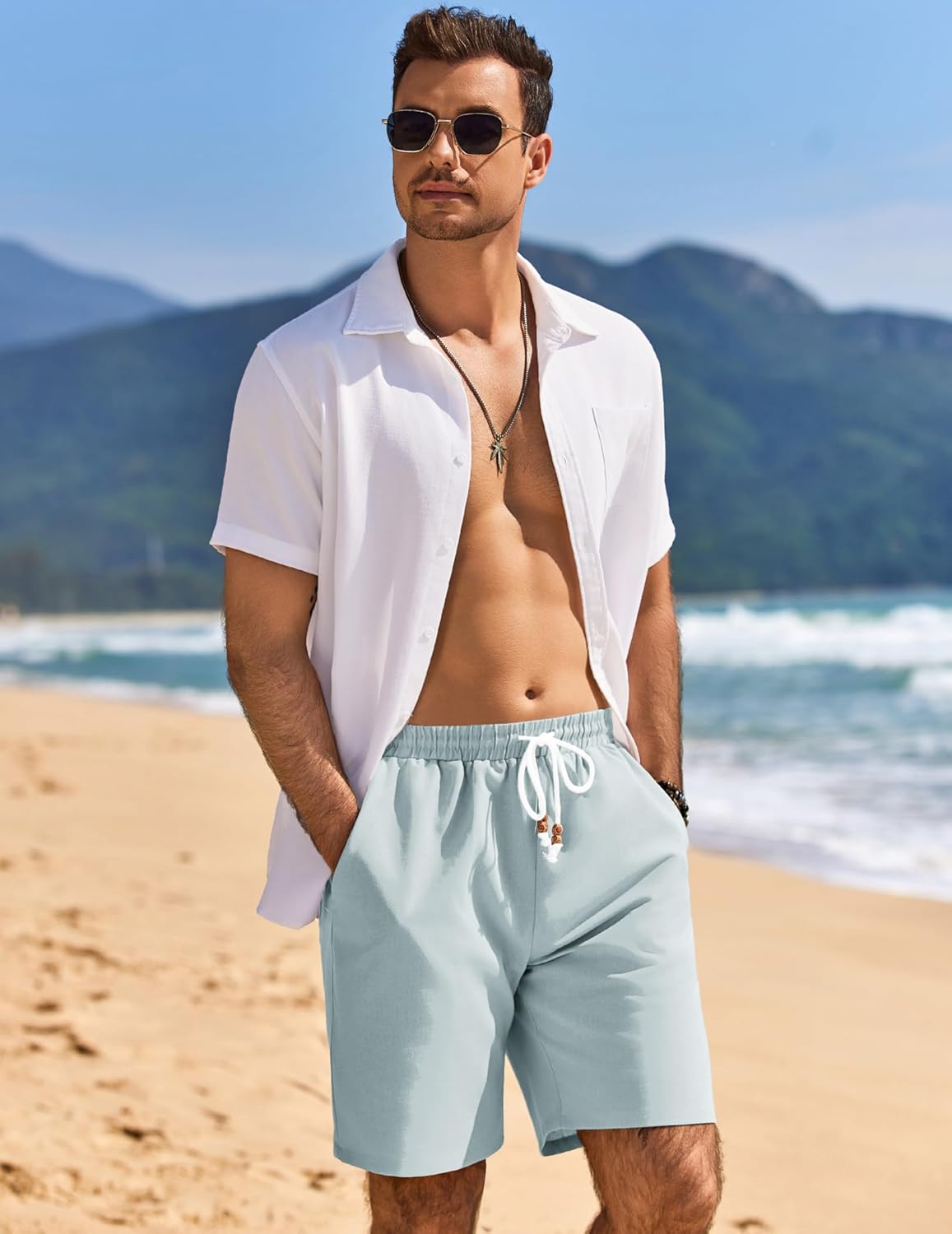 COOFANDY Mens Linen Shorts Casual Drawstring Elastic Waist Lightweight Summer Vacation Beach Shorts - Image 3