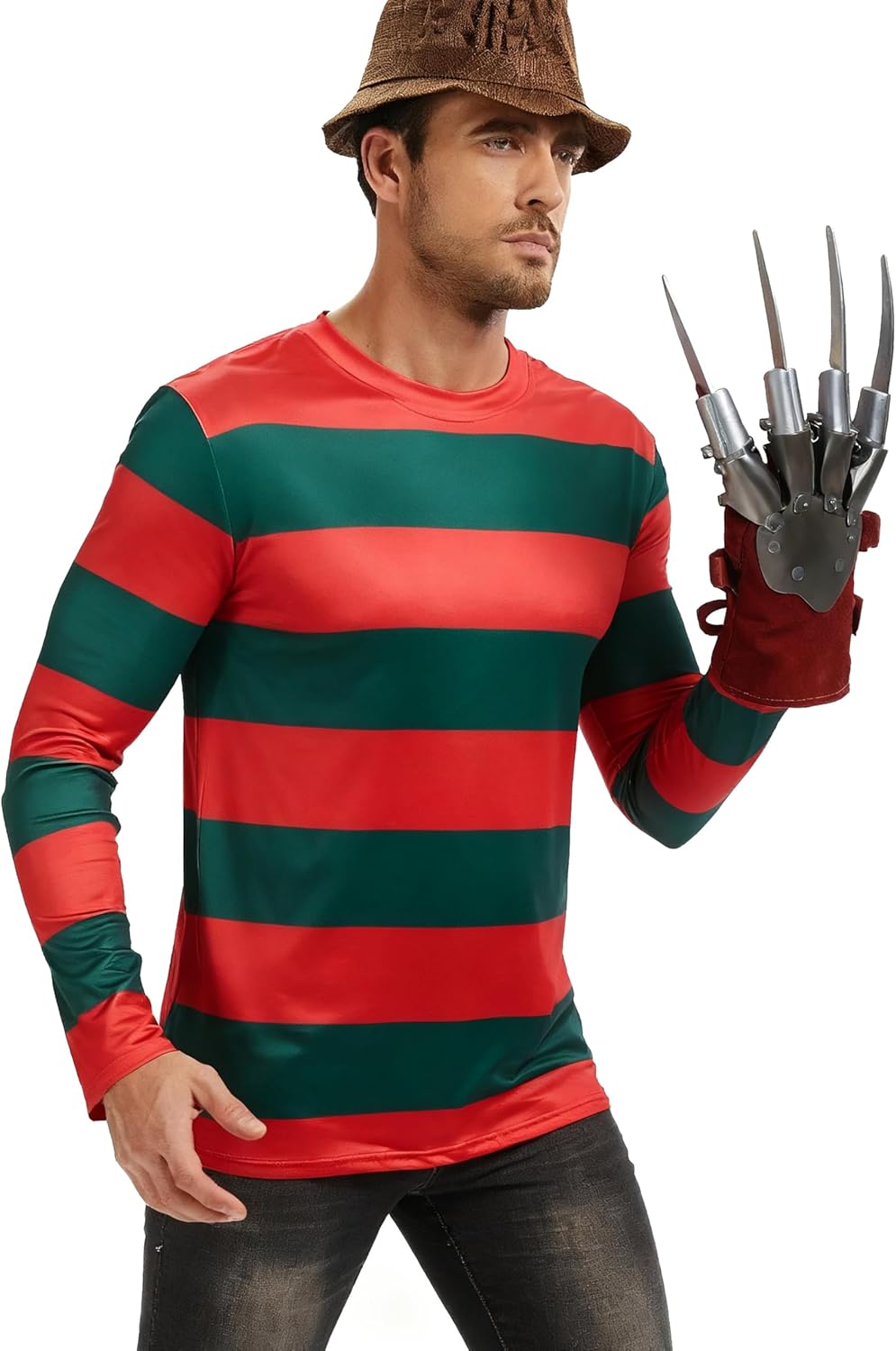 Men Women Nightmare Killer Claw Glove Hat Halloween Fancy Dress Shirt Costume - Image 2