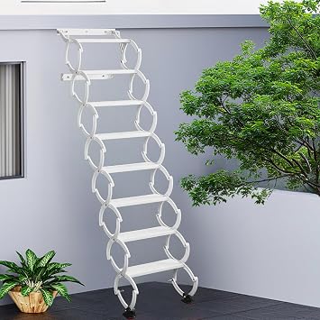 8 Steps Wall Mounted Attic Ladder, Indoor Attic Stairs Pull Down System, Metal Telescoping Step Ladders, Anti-Slip Retractable Folding Stair, Loft Extension Steps Staircase White, 8 Steps