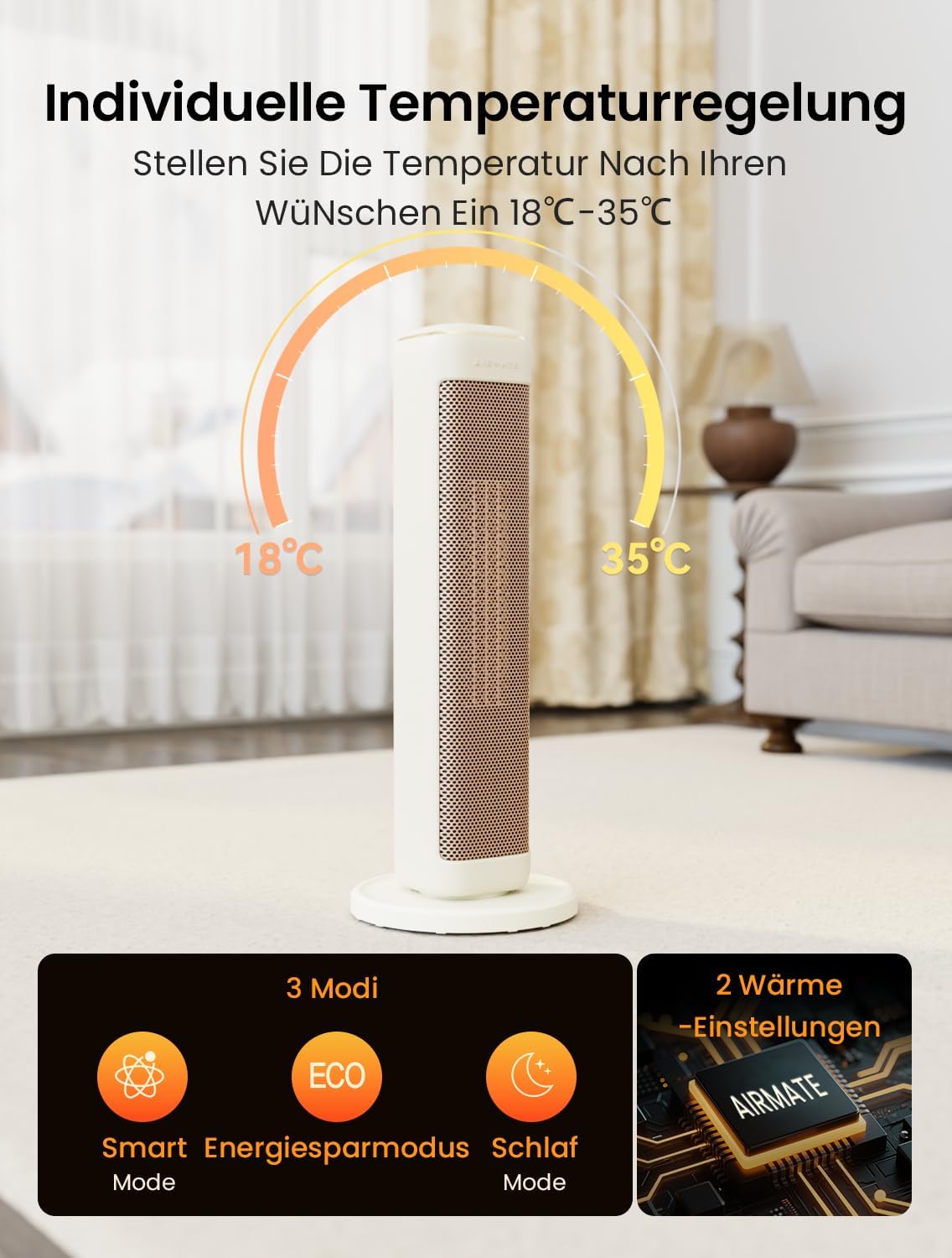 AIRMATE HP20242R heater showing temperature range 18°C to 35°C and three operating modes: Smart, ECO, Sleep