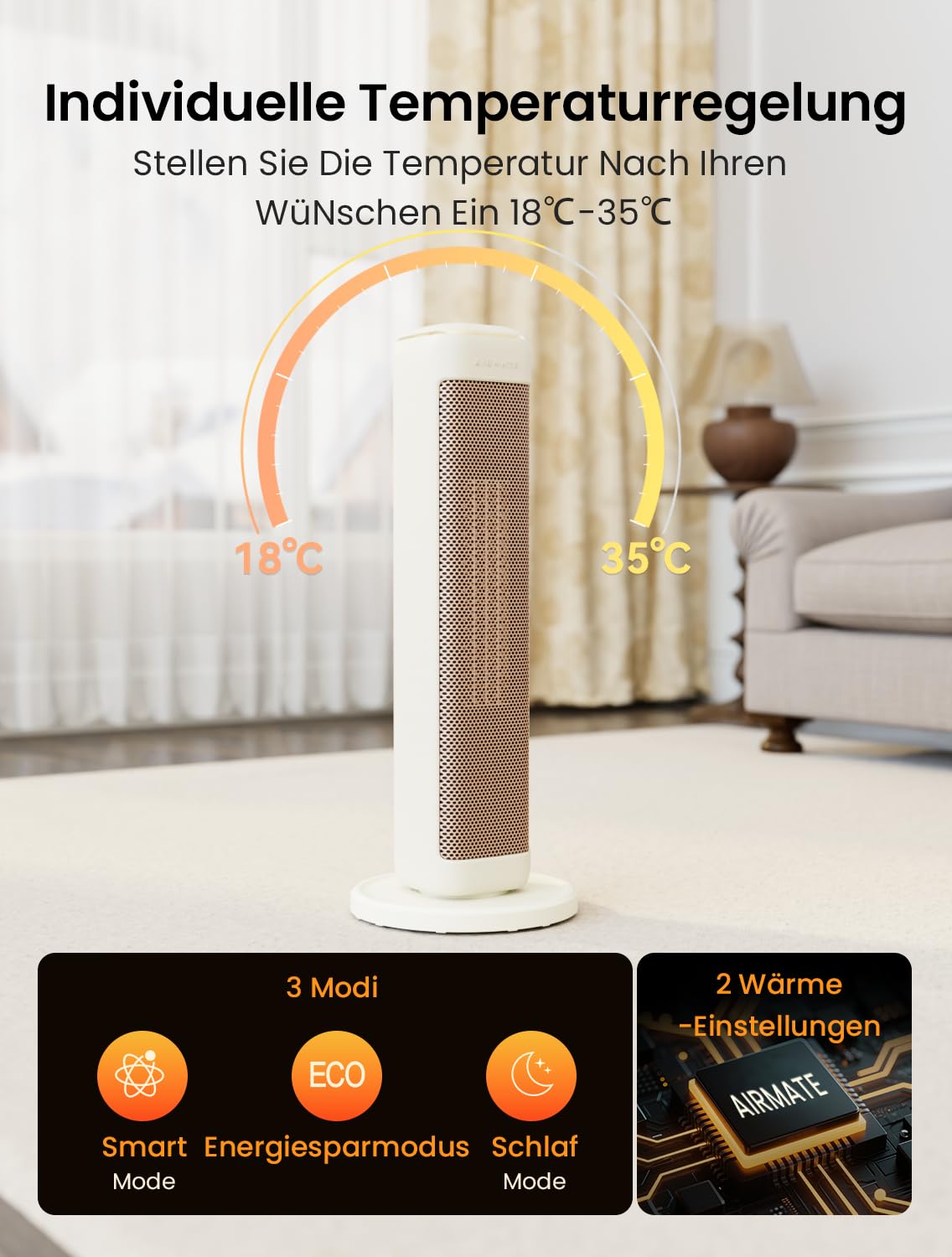AIRMATE 63cm Heizlüfter Energiesparend, Keramik Heizlüfter Leise, 80° Oszillierend Heizung und Thermostat, 3 Modu, ECO, 24H Timer, 2000W Space Heater, Überhitzungs-Kippschutz