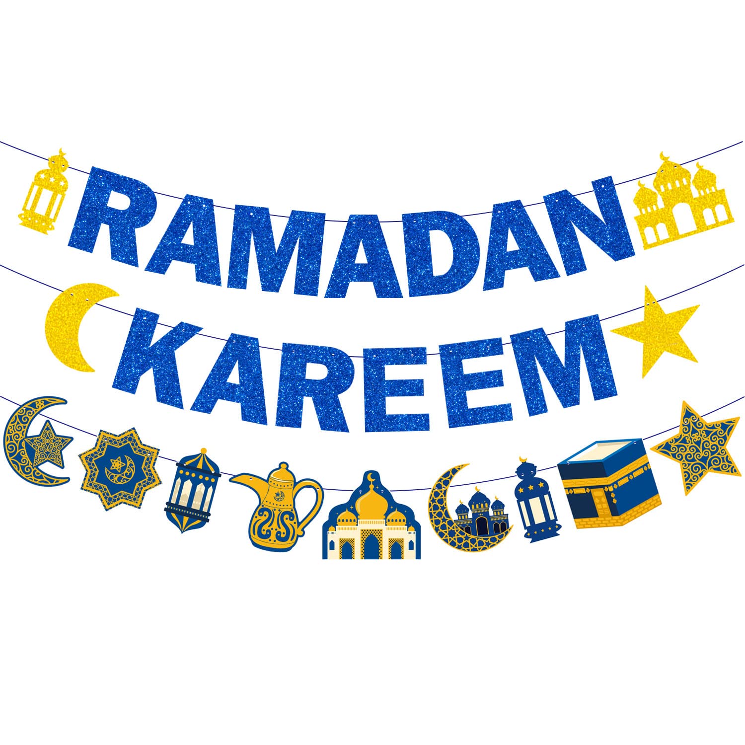 Blue Glitter Ramadan Kareem Banner and Lantern Star Moon Castle Pattern Banner Muslim Ramadan Mubarak Garland Banner Islamic Eid Mubarak Festival Celebration Party Fireplace Decorations