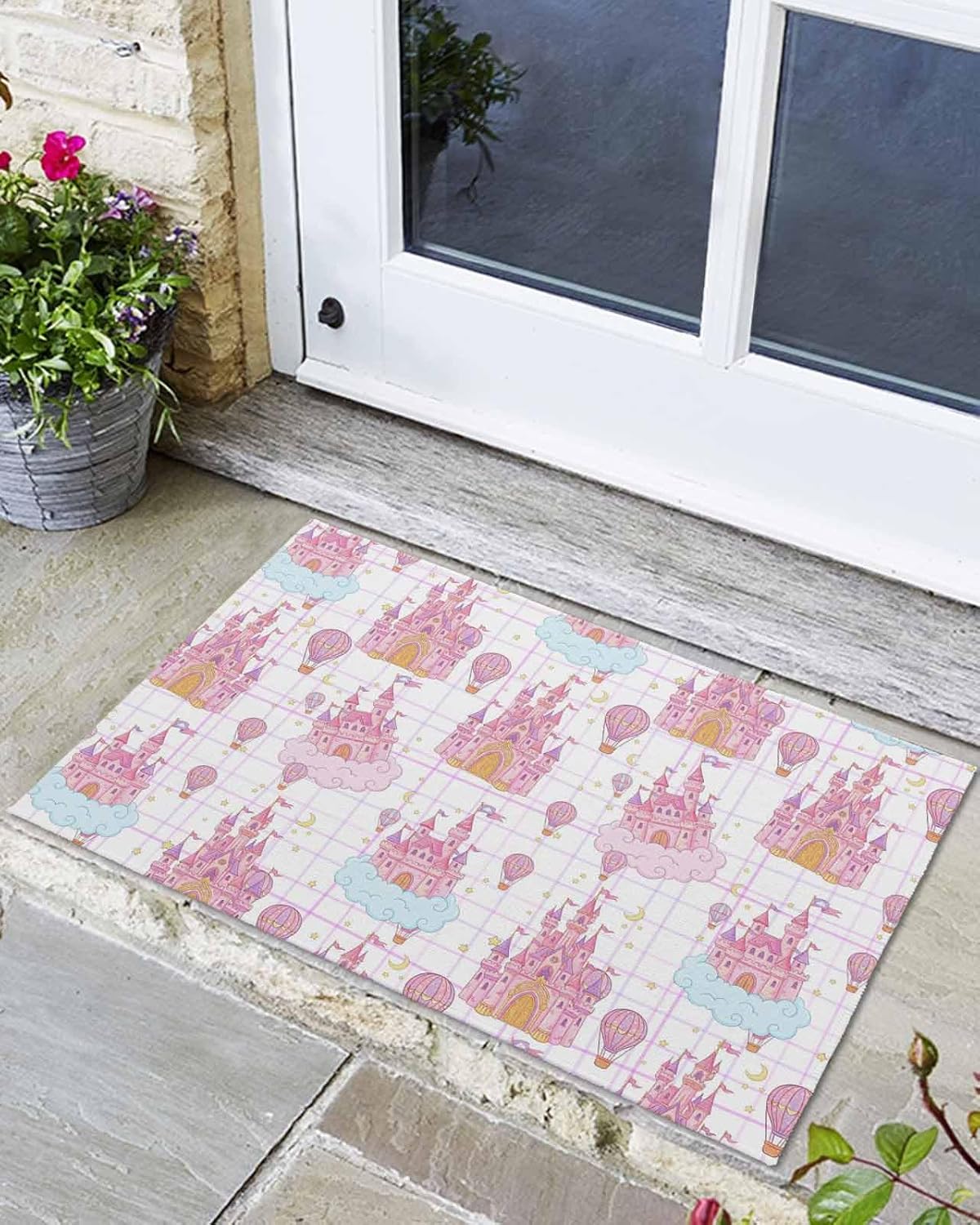 Non-Slip Front Door Mat, Children's Day Pink Dream Castle Balloons Bath Rug, Blue Cloud Welcome Doormats for Entryway/Bedroom/Bathroom Entrance,24x36In