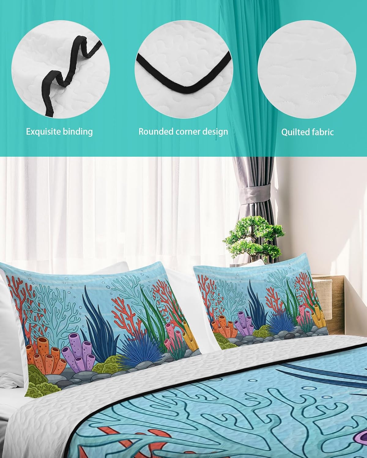 King Size Quilt Set, Marine Coral Seaweed Ocean Life Lightweight Bedspread Coverlet Set Soft Microfiber Summer Quilt with 2 Pillow Shams, Blue Underwater World 3 Piece Comforter Bedding Set