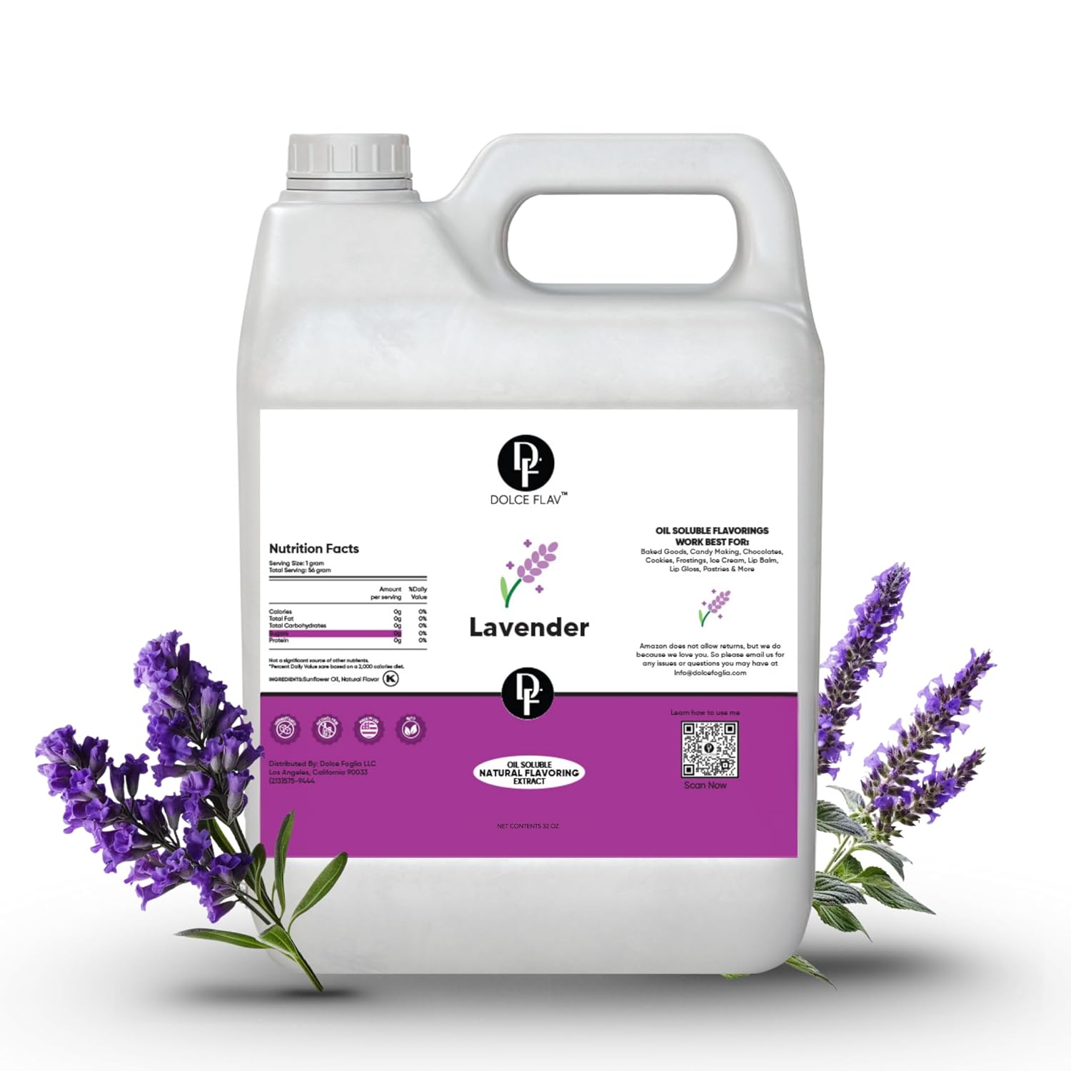 Dolce Flav Lavender Flavoring – 32 Ounce Oil-Soluble Kosher, Sugar-Free, Concentrated Floral Lavender Flavoring for Baking, Chocolates & Desserts