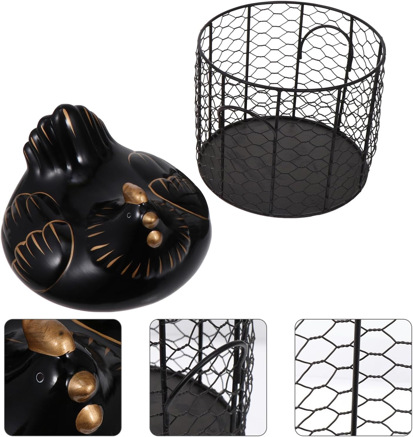 Ceramic Egg Storage Basket with Black Iron Wire Frame and Gold Accent, Kitchen Organizer for Fruit and Household Storage, Southeast Asian Style Kitchen Accessory