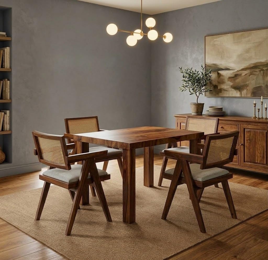 Solid Sheesham Wood 4 Seater Dining Table Set with Cane Back Chairs with Cushions for Dining Room | Living Room | Home & Office | Hotels Restaurant & Cafe (Honey Brown Finish)-image-39