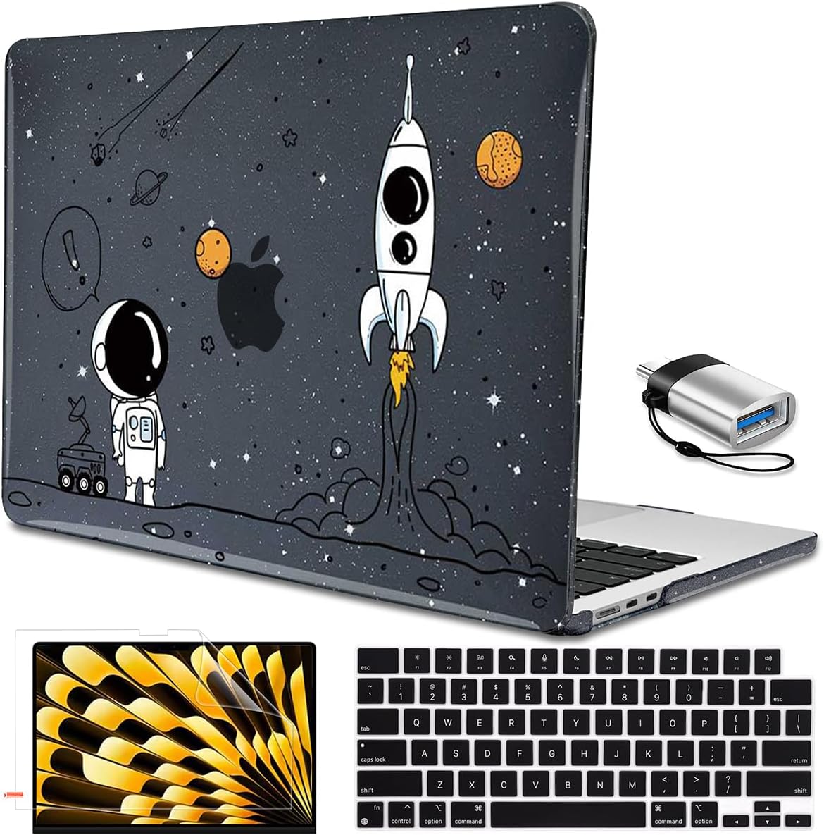 Compatible with 2026 M5 MacBook Air 15 inch Case, 2026 2025-2023 M5 A3448 M4 A3241 M3 A3114 M2 A294, Shiny Plastic Hard Shell Cover Keyboard Skin Screen Protector, Astronauts & Spacecraft