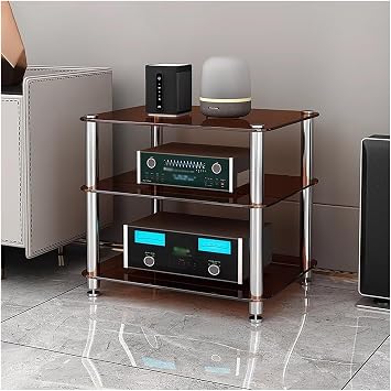 YLLFFLL 1/2/3/4-tier Media Stand Audio/video Component Cabinet with Glass Shelf, Heavy Duty Stereo Racks And Stands Stereo System, Modern Audio Rack TowerBrown,3 tier