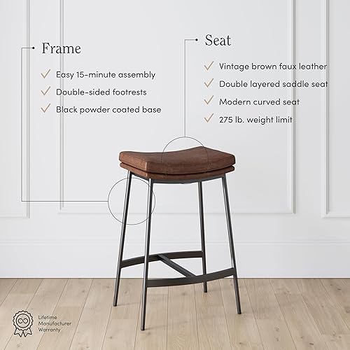 Miniatura 13 de Nathan James 22201 Arlo - Taburete de bar tapizado moderno sin espalda con asiento de sillín de doble capa y base de metal, gris/negro mate Plumas