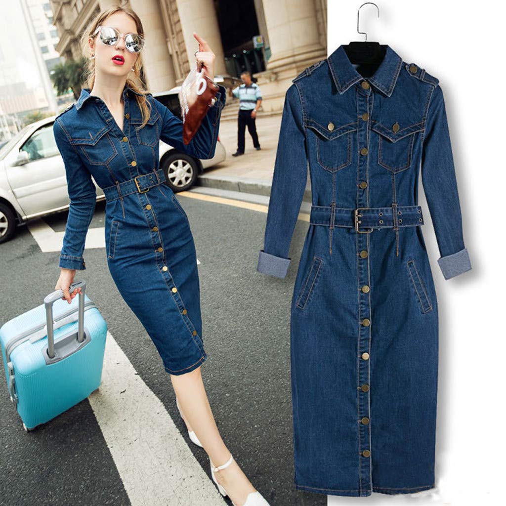 Damen Frühling Sommer Elegant Bodycon Jeanskleid Langarm Rundhals Knopf Knielang Epaulet Denim Blusekleid Partykleid Cocktail Kleid Mit Gürtel Denim Kleider Slim Fit Wickelkleid Knielang Midi Kleid