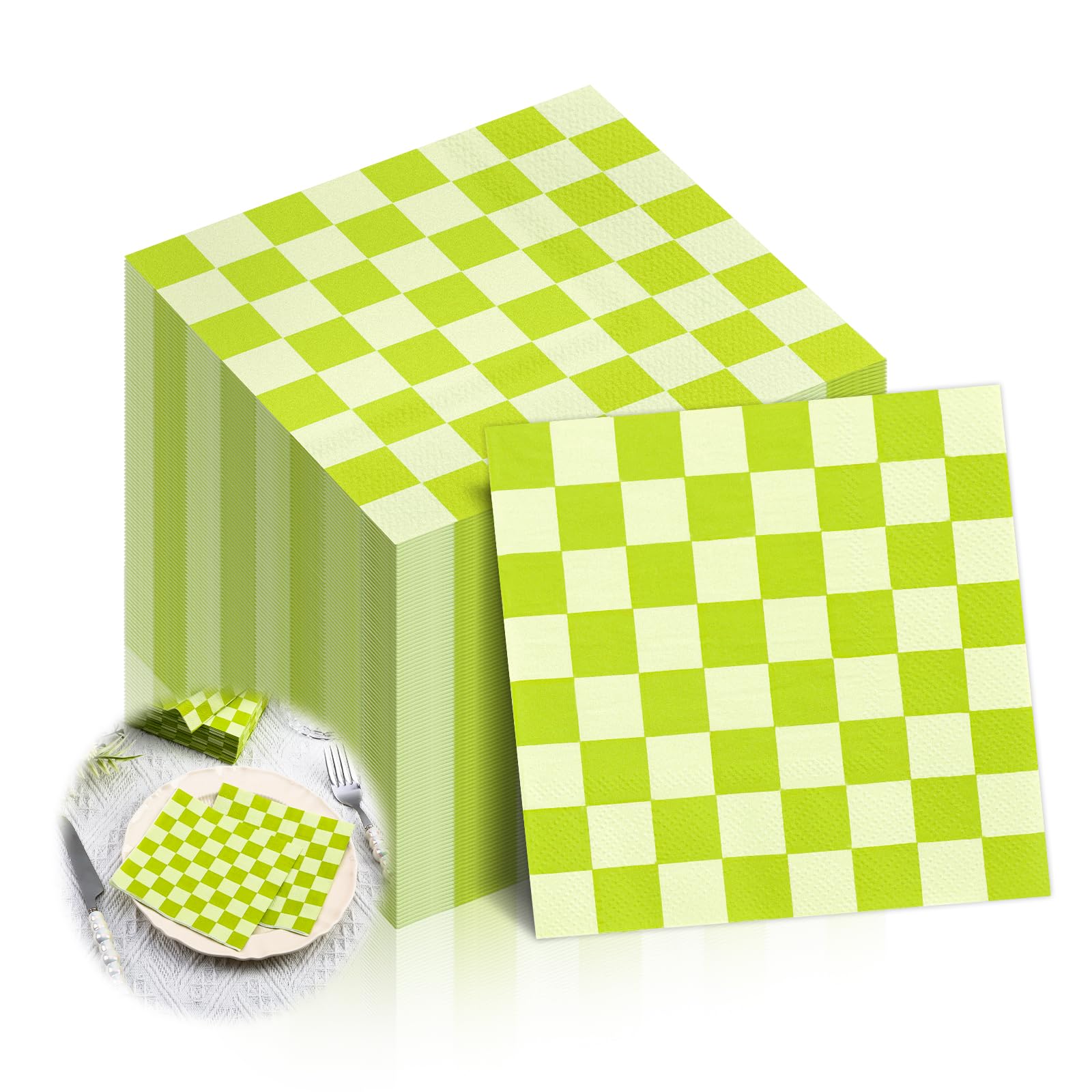 100 Pcs Green Gingham Paper Napkins 5 "X 5" Green Plaid Napkins Disposable Cute Checkered Dinner Napkins Party Supplies for Summer Picnic Cocktail