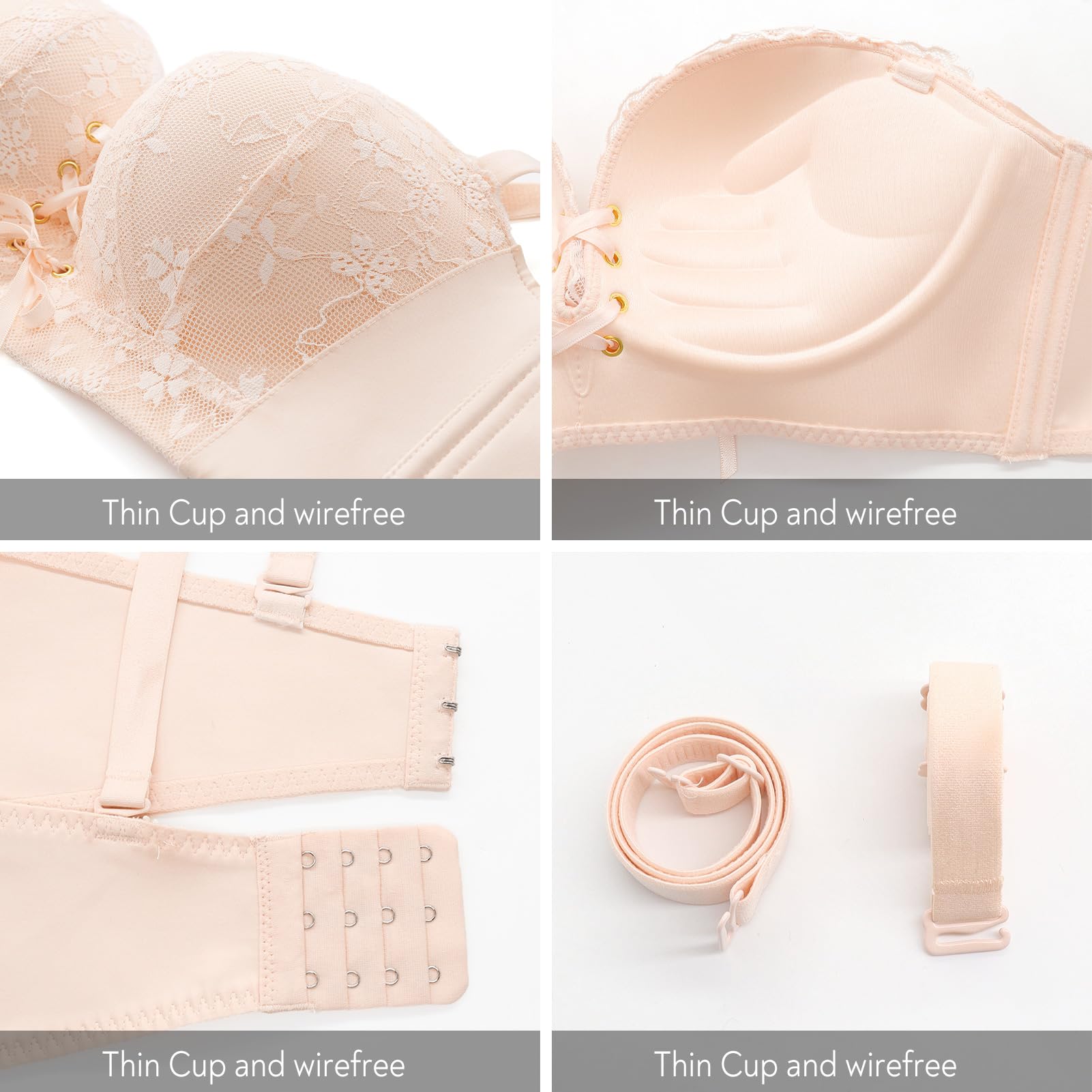 FallSweet Add Two Cup Lace Bras for Women Push Up Wirefree Brassieres: 36D Beige