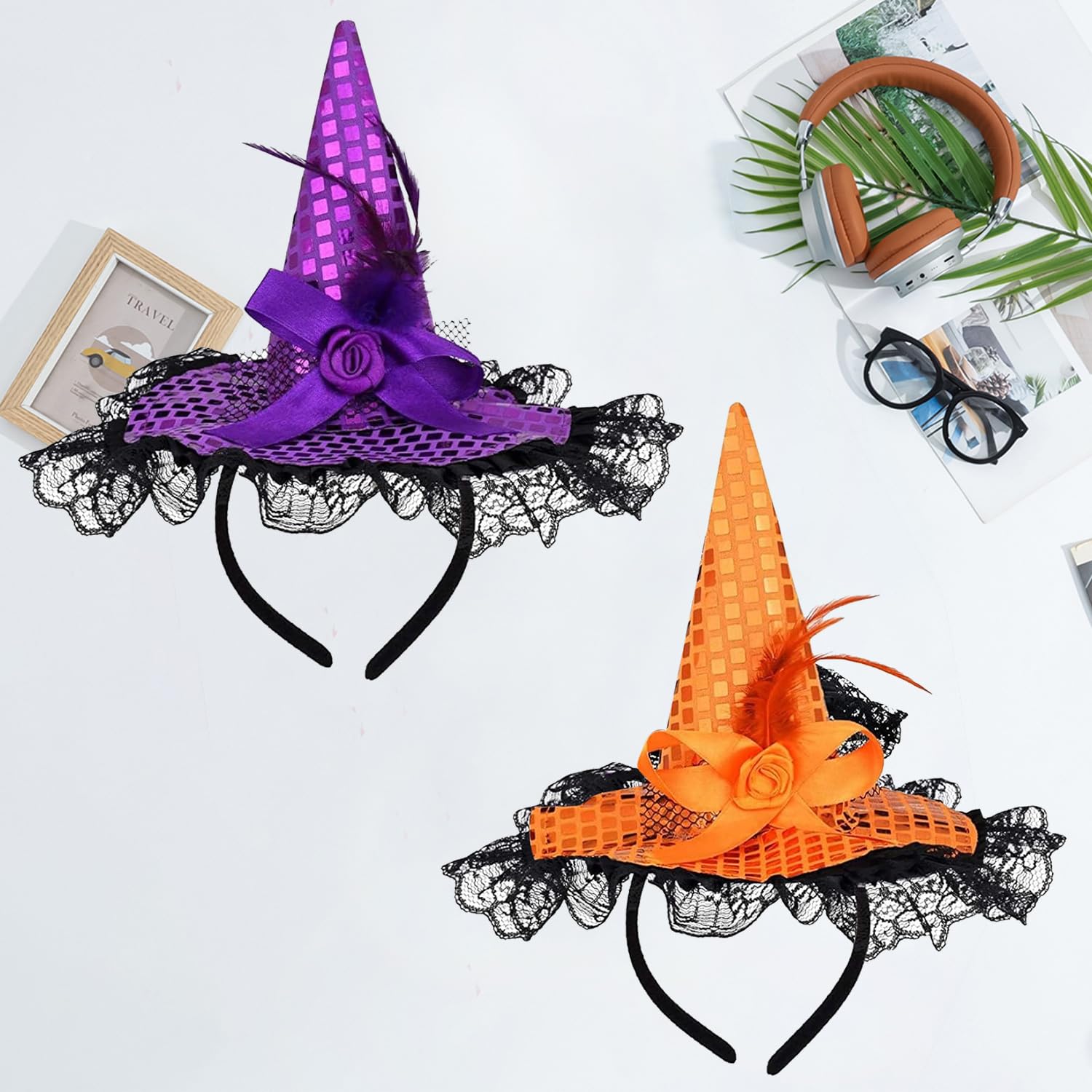 JNAWA Lace Sequin Witch Headband Fashion Halloween Headband Cosplay Supplies Props Wizard Wide Brim Pointed Cap for Girl Women Halloween Costume (Orange) - Image 3