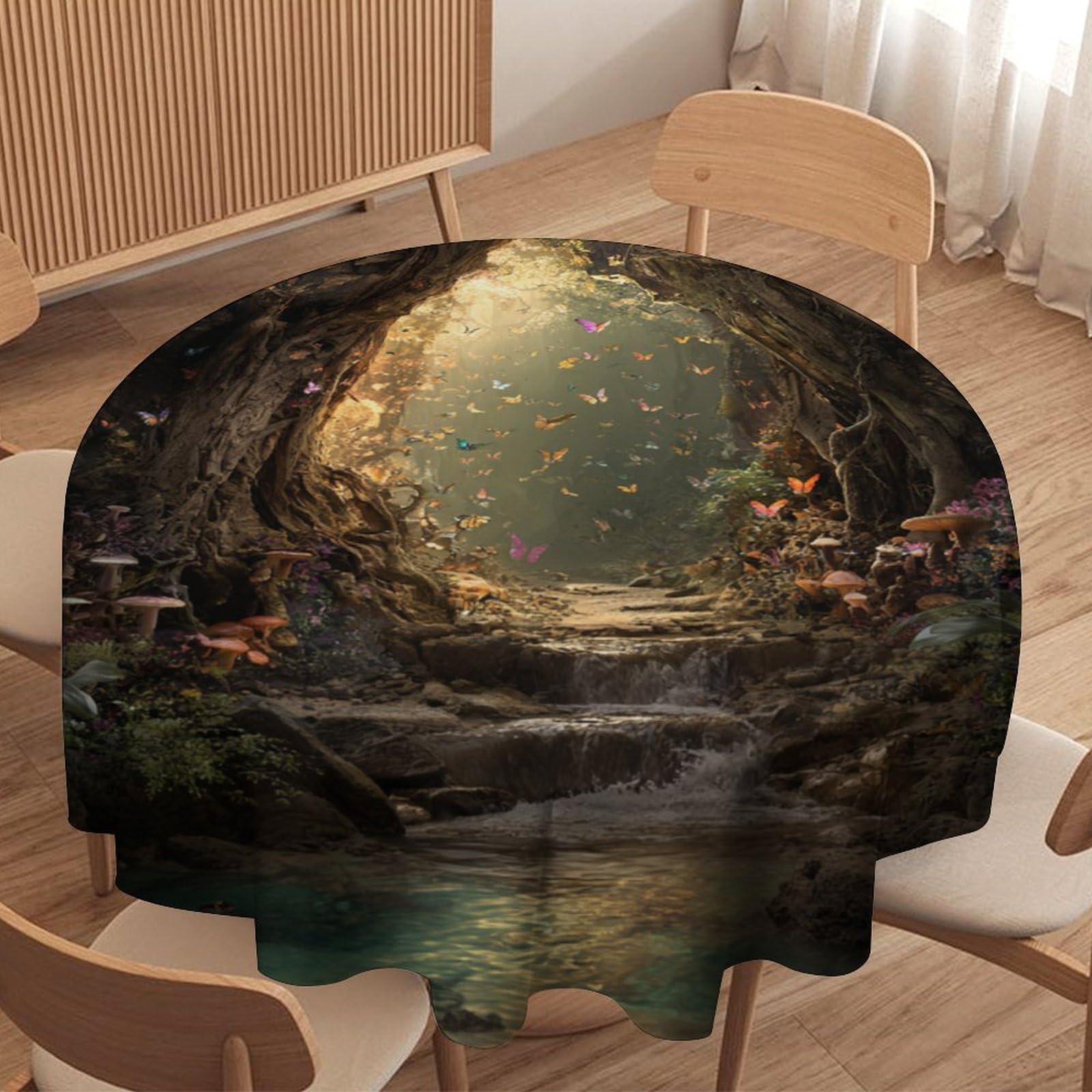 LUYYSKY Colorful Classic Enchanted Forest Waterproof Round Tablecloth Beautiful Rustic Fairytale Wonderland Animals Butterflies Washable Table Cover for Kitchen-127 Wx127 L cm