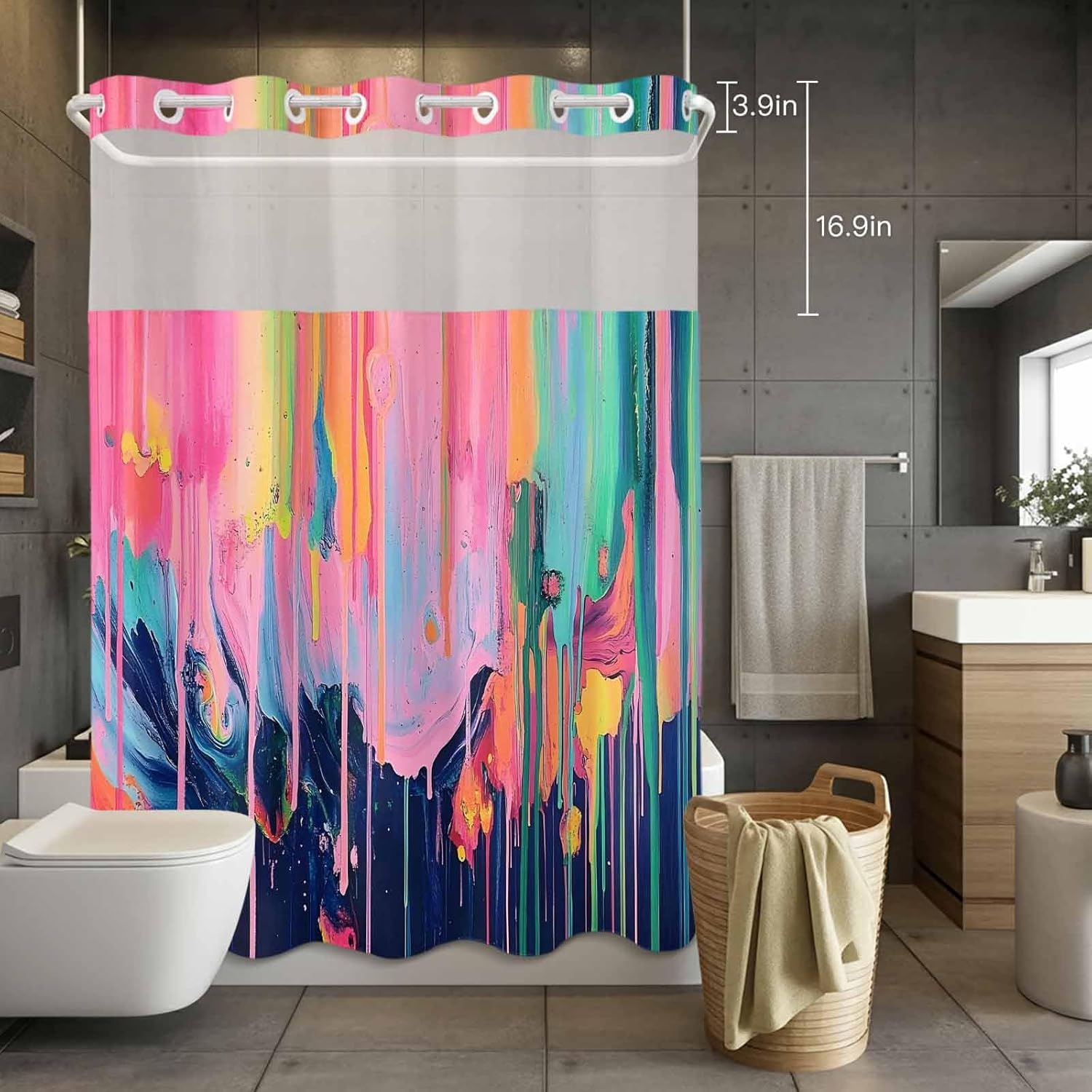 Colorful Abstract No Hook Shower Curtain with Snap in Liner Hand Drawn Graffiti Waterproof Bathroom Shower Curtain with See Through Top Window for Bathtub 72" x 84"