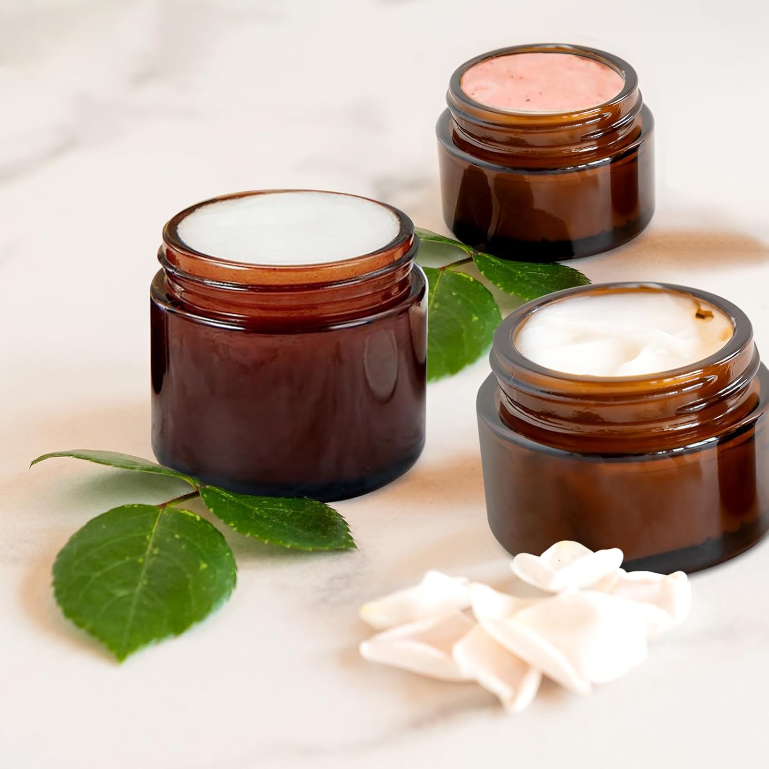 1 Oz Amber Round Glass Jars with Inner Liners and Black Lids(24PCS) Empty Cream Containers Refillable Cosmetic Vials for Cosmetics, Lotions, Ointment, Body Scrubs & Balms