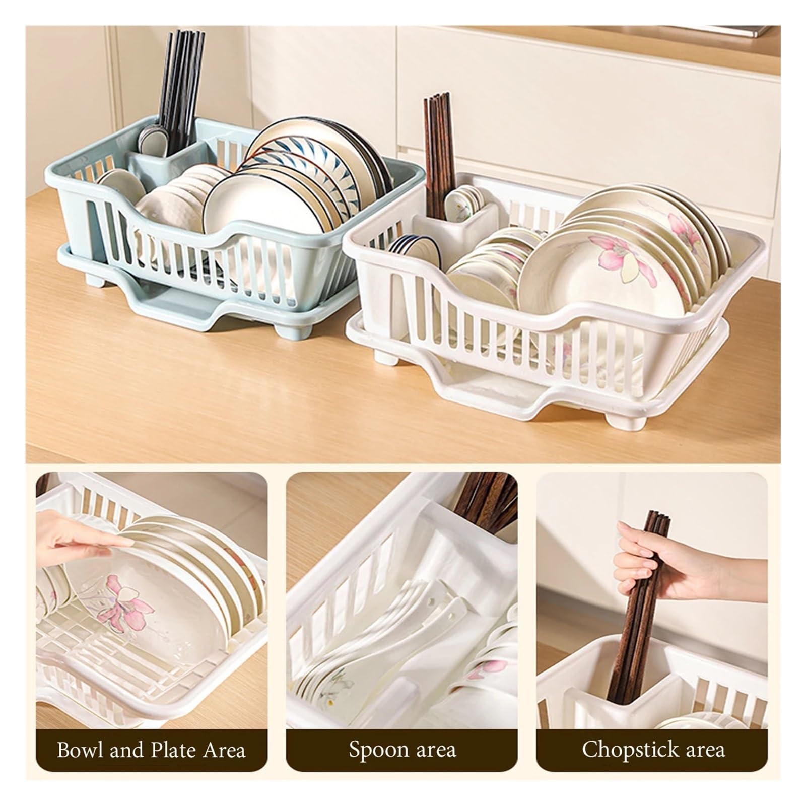 Abtropfgestell For Abtropffläche In Der Küche | Geschirr-Organizer mit Abtropfschale for Teller, Schüsseln, Essstäbchen und Löffel(White)