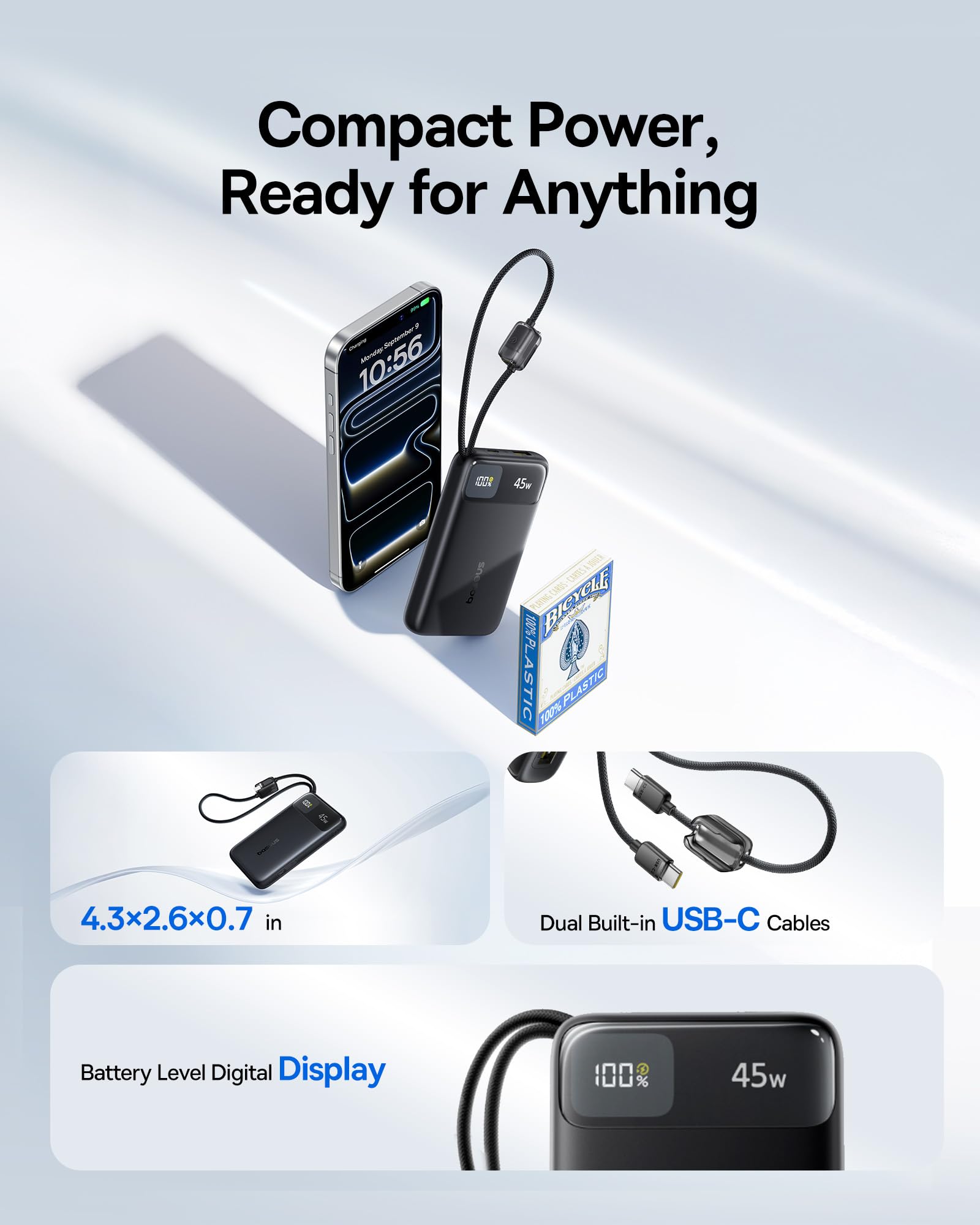 Baseus FC11 Powerbank 45 W, 10 000 mAh, z 2 wbudowanymi kablami USB-C, Power Bank Klein certyfikat CCC z wyświetlaczem LED, zewnętrzne akumulatory do telefonów komórkowych Mini do iPhone 17/16/15/14