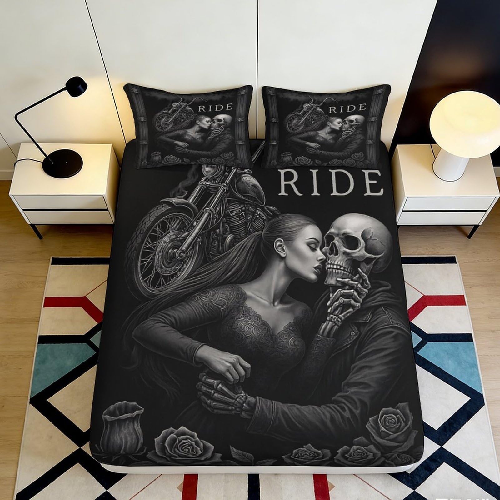 Dhbaneiok Style-10 3D Printed Gothic Lovers Fitted Sheet Microfiber Black Skull Motorcycle Mattress Cover For Bedroom Dorm Decor 90X200x25cm