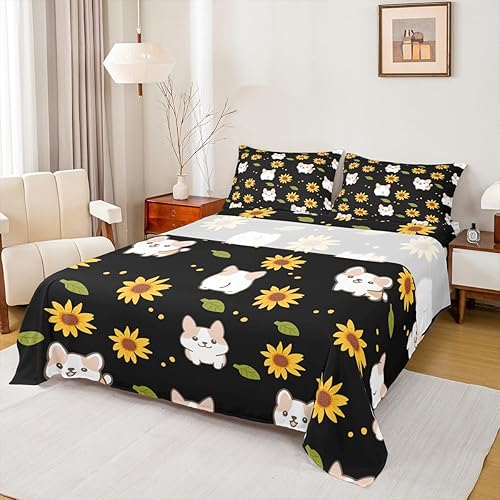 Miniatura 2 de Lindo juego de sábanas de Corgi para niños y niñas, sábanas de perro de dibujos animados con bolsillo profundo, juego de sábanas de girasol tamaño