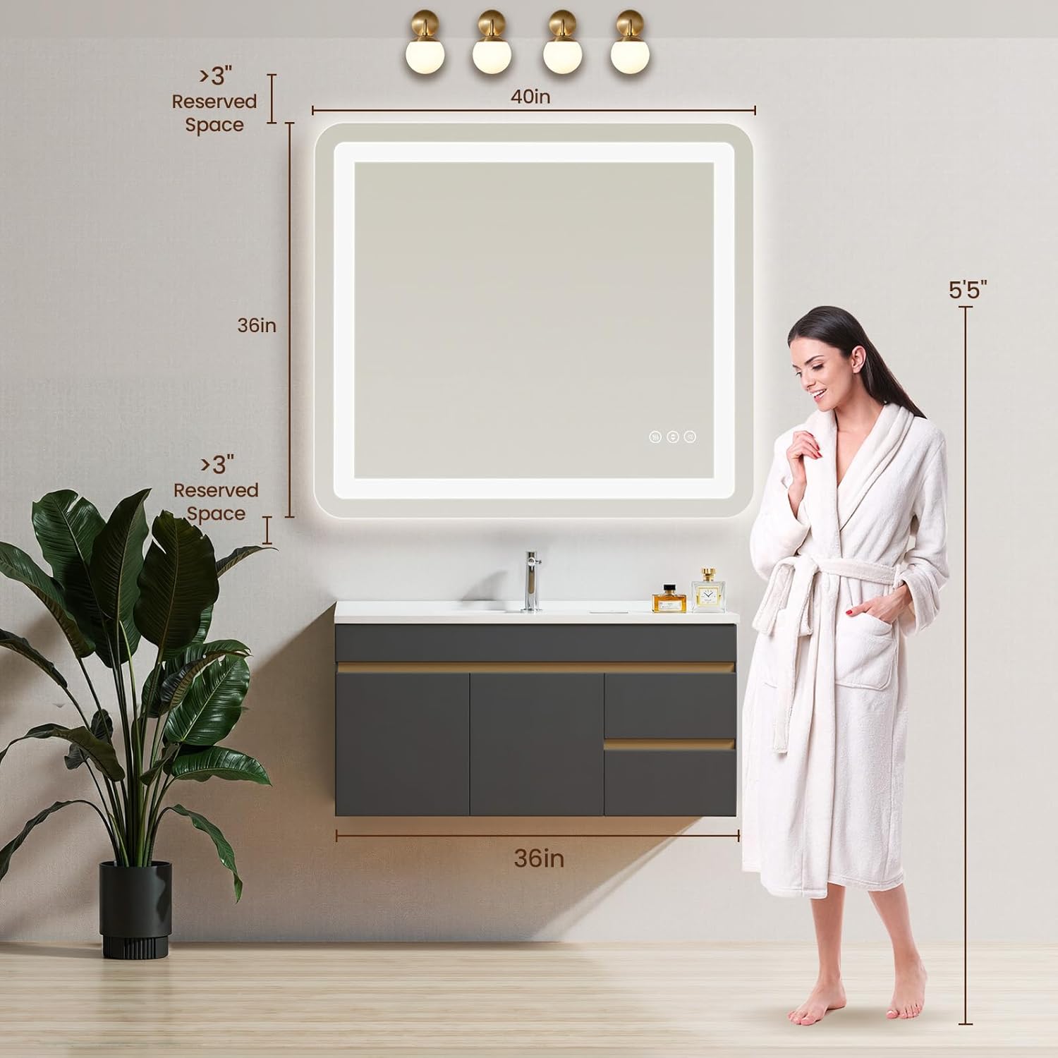 40" x 36" Led Bathroom Mirror with Lights, Anti-Fog & Tri-Color Lighting - Wall Mounted Shaving Mirror with Touch Sensor, Waterproof & Smart LED Vanity Mirror,Tempered Glass, Dimmable Smart Mirror