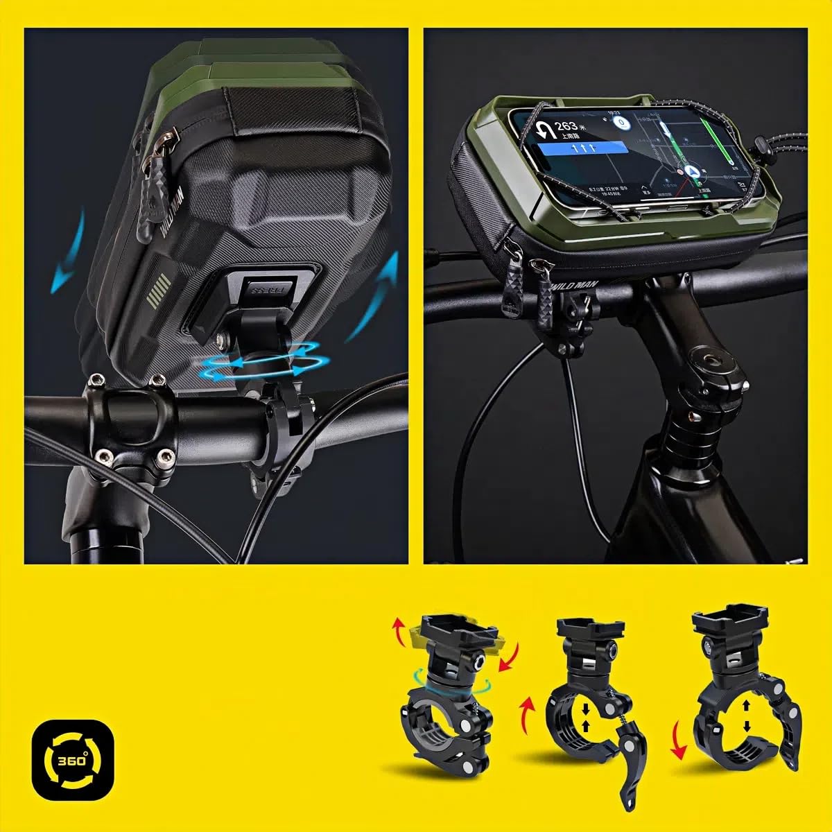 WILD MAN Borsa da manubrio per bicicletta, borsa per bicicletta, custodia anteriore con supporto per telefono, compatibile con telefoni sotto i 6,8 pollici (GX330, grigio)