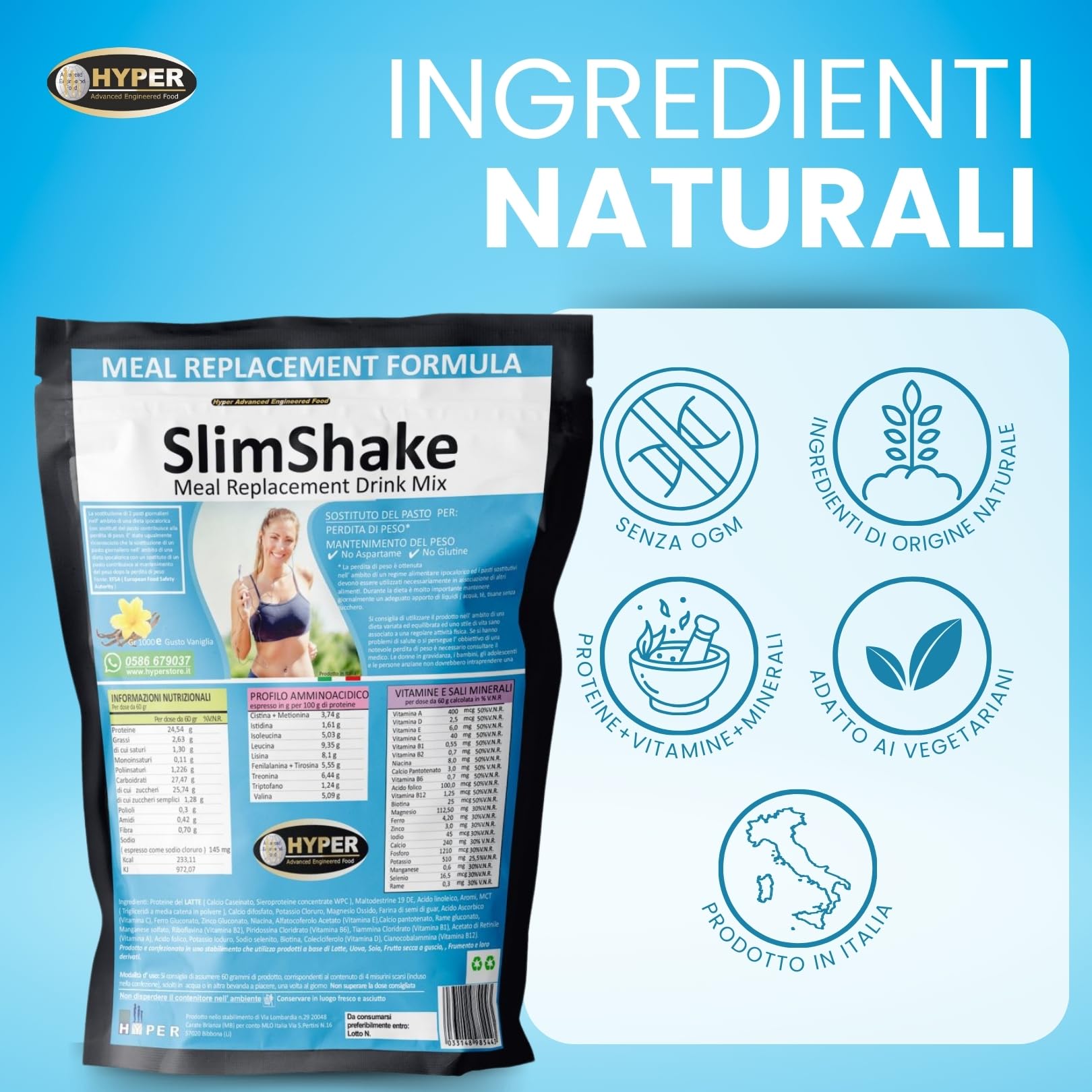 Hyper Slim Shake - Sostituto Pasto Dimagrante gr 1000 Gusto Vaniglia - Pasto Sostitutivo Dimagrante per Frullati e Shakes Proteici Ideale per Perdita e Controllo del Peso Forma. Made in Italy