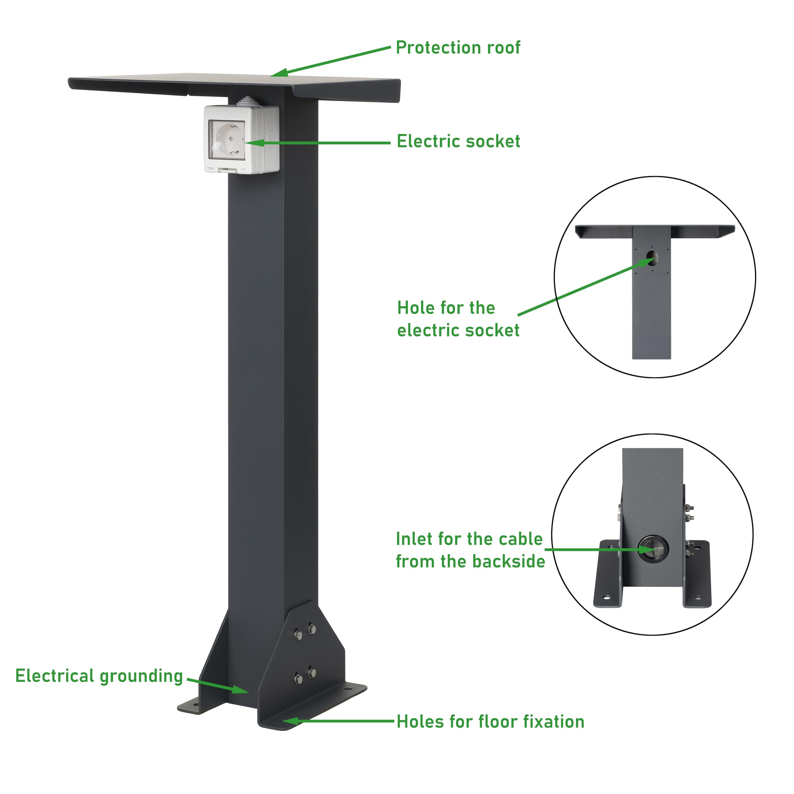 Standfuß aus Aluminium mit außensteckdose. Hochwertiger Steckdosensäule. Steckdose für aussen mit standfuß (Schuko 1F, 16A, 3,7kW)