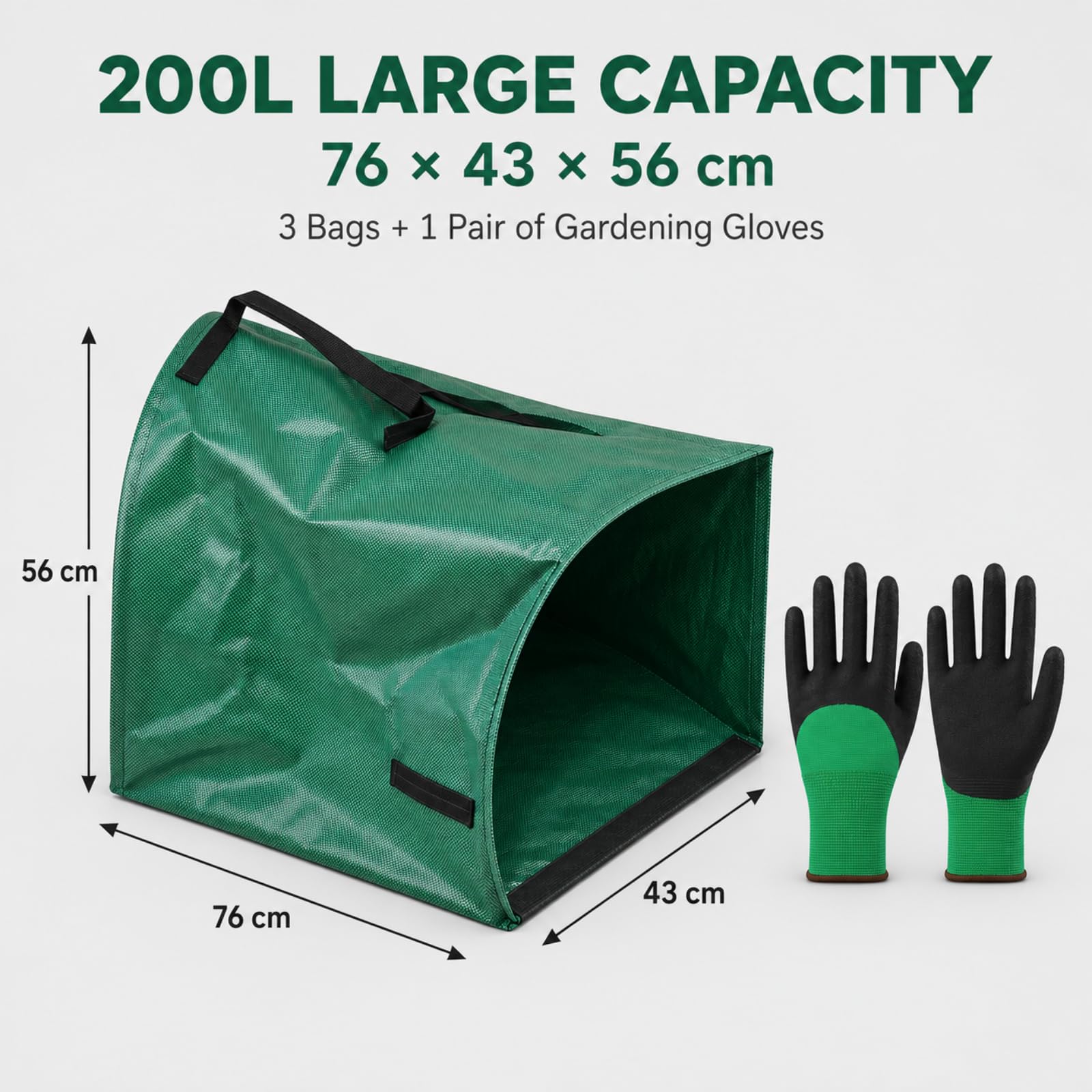 Bolsas para Residuos de Jardín 200 L, Pack de 3, Forma de Recogedor | 3 Bolsas de 200 L con un Guante, Cada Saco de Basura para Jardín Funciona como Práctico Recoge Hojas