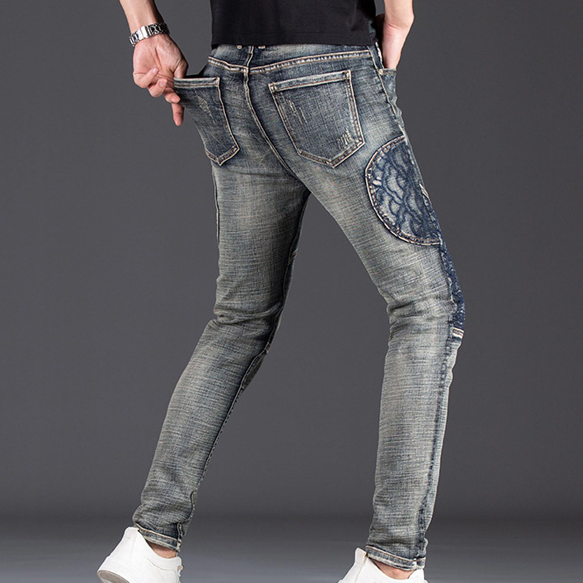 Jeans da uomo slim fit patchwork casual dritto stampato jeans elasticizzati skinny pantaloni regolari per gli uomini