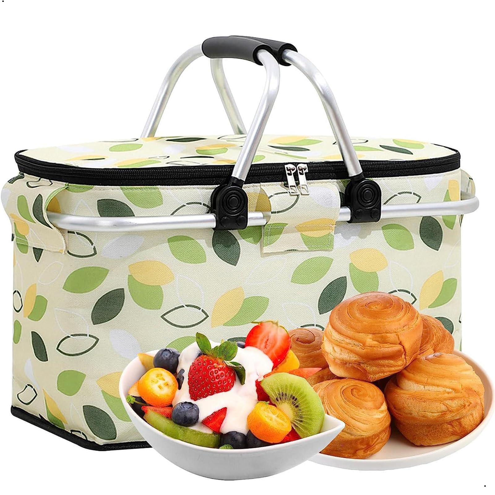 Joyzzz Insulated Picnic Basket, Large-Capacity, Portable & Collapsible, Spotted Print, Aluminum Frame, Grocery Bag, Picnic Kit, Travel & Shopping