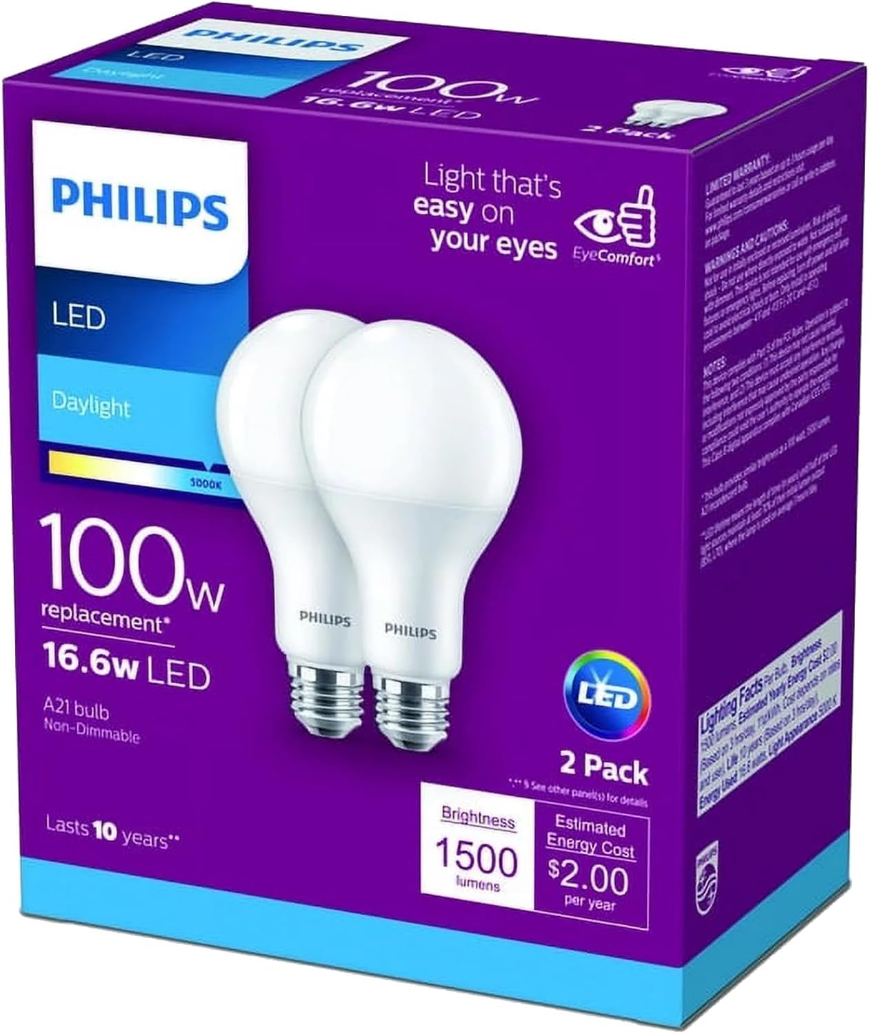 PHILIPS LED Frosted Dimmable A19 Light Bulb - Pack of 2 - EyeComfort Flicker Free - 16W = 100W - 1600 Lumen - Daylight (5000K) - E26 Base - Indoor - Title 20