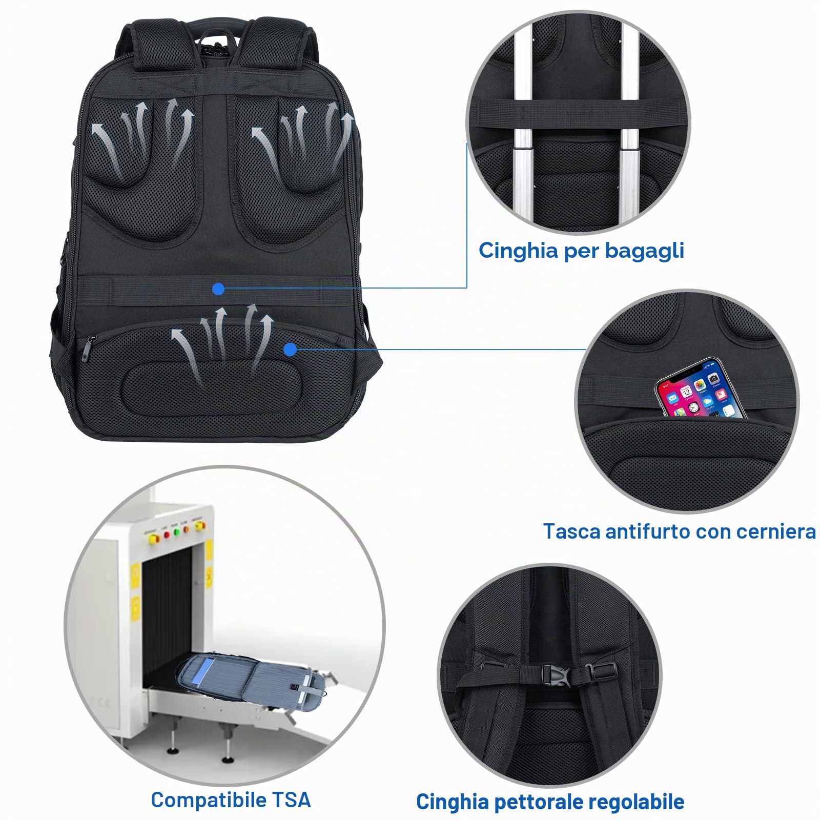 KROSER TSA Friendly - Zaino da viaggio per computer portatile, 17,3 pollici, Nero e grigio., 18.4 inch, Zaini Daypack