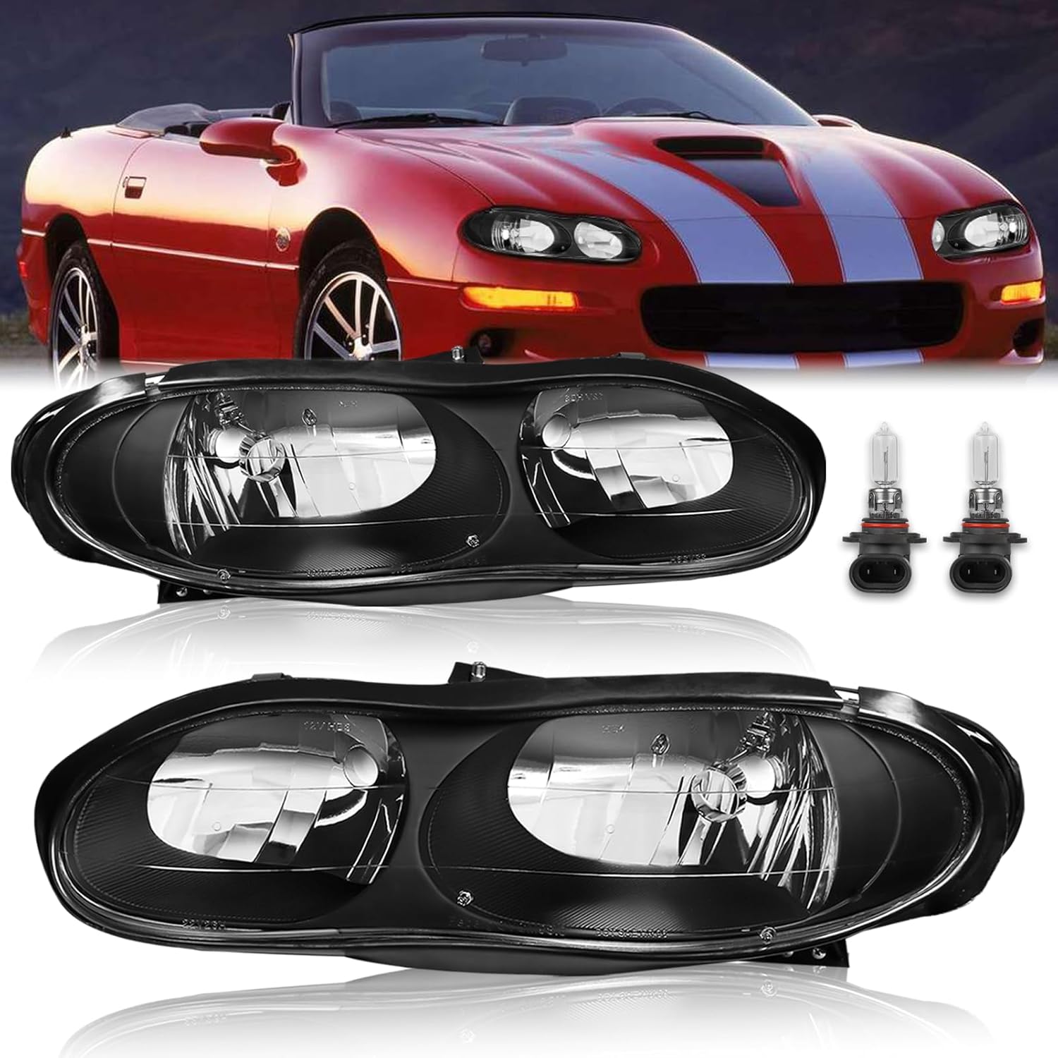 Pair Headlights Assembly Front Lamp Compatible for 1998-2002 Chevy Camaro Driver and Passenger Side Black Housing/Clear Lens w/bulbs