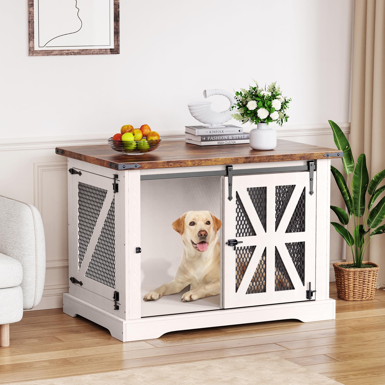 Dog Crate Furniture, 100cm Indoor Dog Crate, Three-Door Design with Sliding Door, Anti-Chewing and Anti-Escape, Wooden Dog House for Small and Medium Dogs, Bedroom, Living Room, White