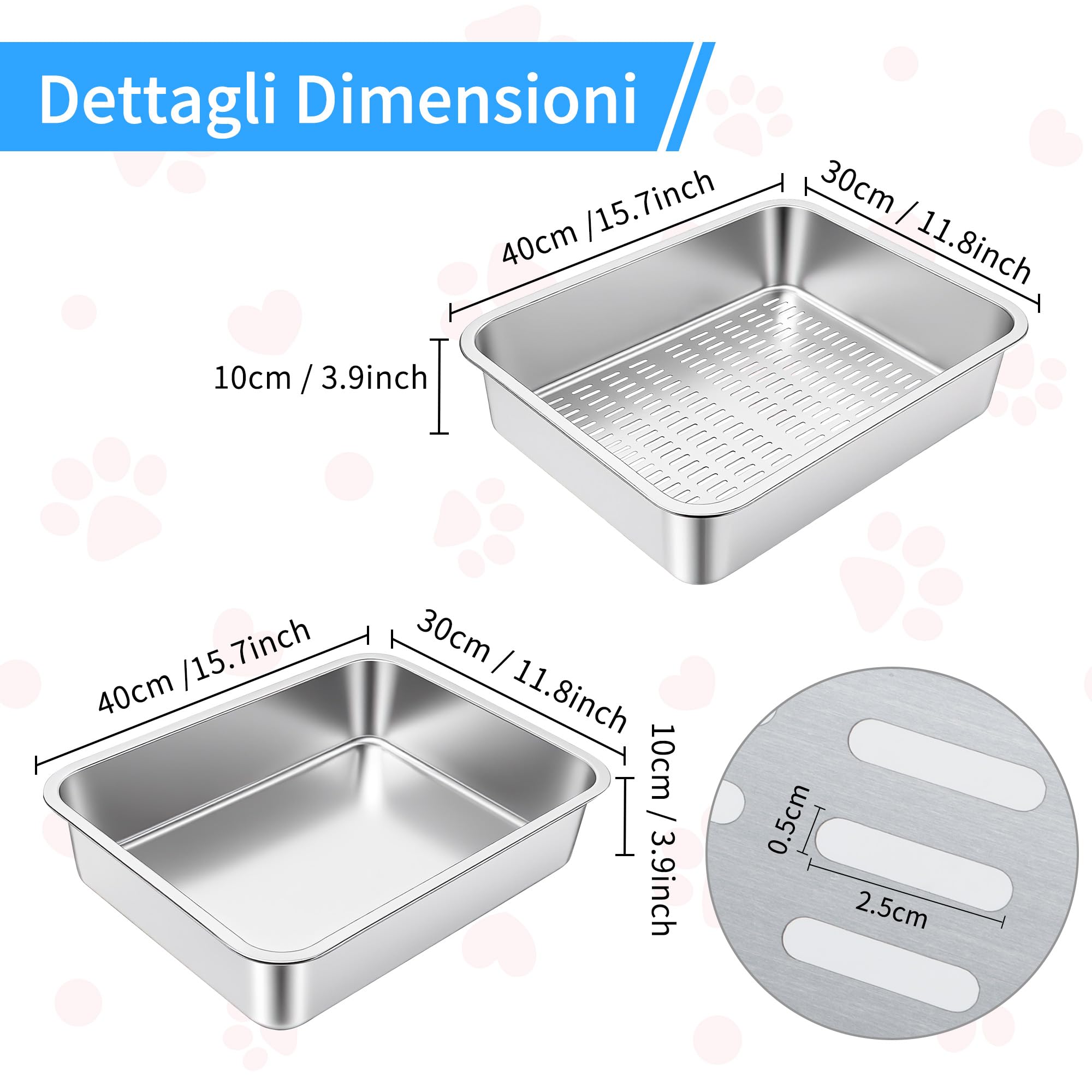 Lettiera per Gatti in Acciaio Inox, Lettiera Gatto Aperta in Metallo per Gatti Grandi, Piccoli e Conigli - Resistente Agli Odori, Facile da Pulire, 40 x 30 x 10 cm