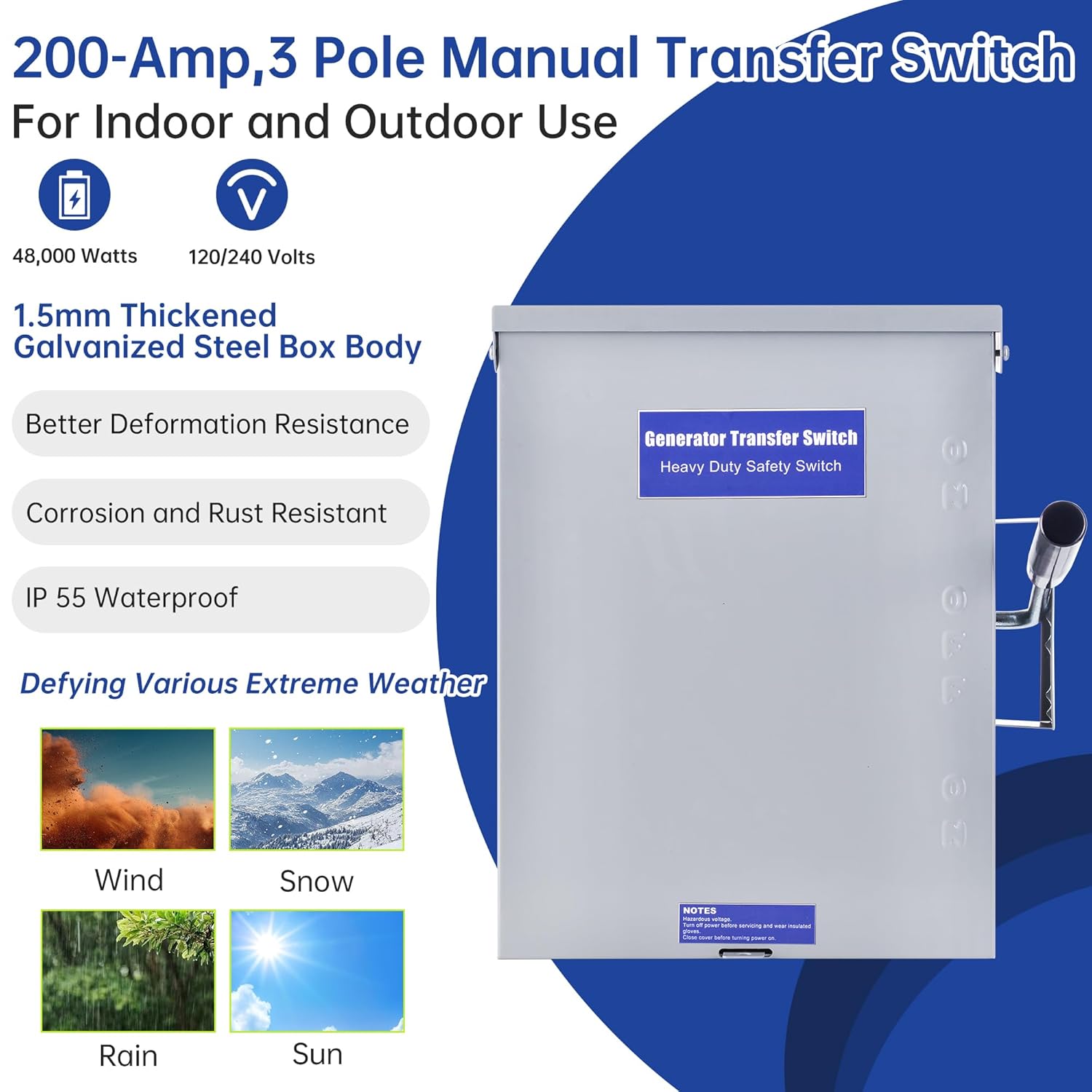 200 Amp Generator Transfer Switch, 3 Pole Manual Transfer Switch, 120/240V 48000W General-Duty Double-Throw Safety Switches, Stronger Stability, Meeting NEMA 3R Standards for Outdoor and Indoor Use