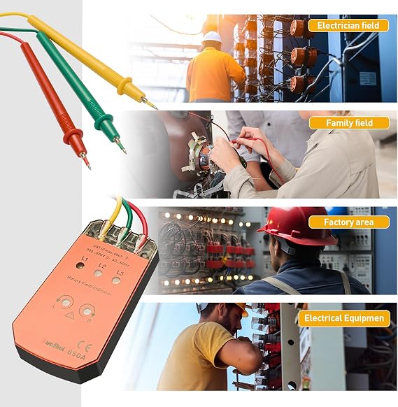 850 Three Phase Indicator Cable Tracker Rotation Phase Sequence Tester with LED Light Indicator 200V- 600V Voltage Meter (850A)