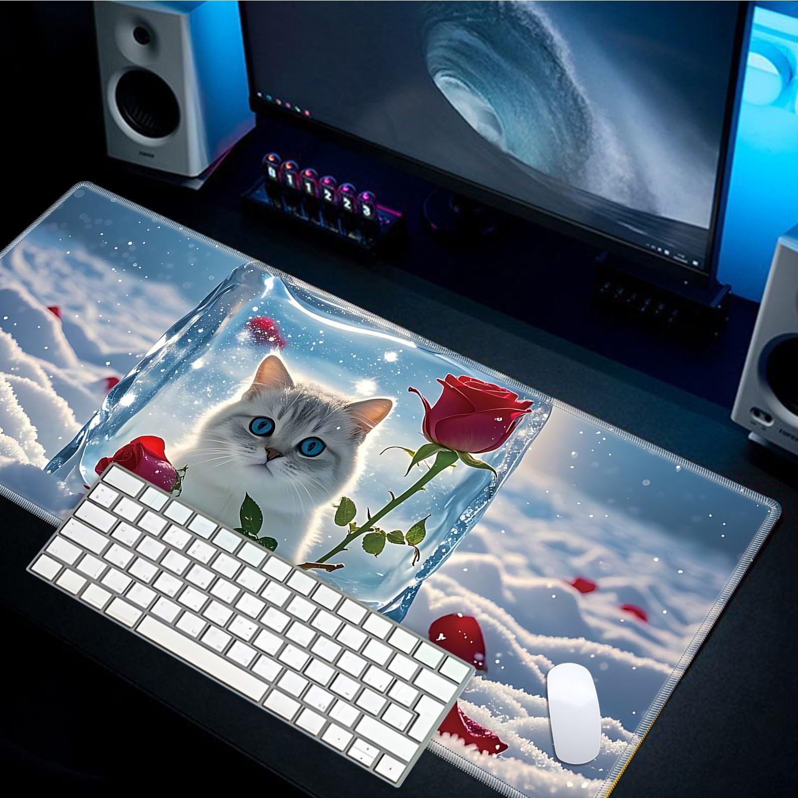 Alfombrilla de ratón para juegos de 31.5 x 11.8 pulgadas, XXL grande + posavasos, alfombrilla de escritorio con bordes cosidos, base de goma antideslizante, alfombrilla de mouse gruesa para