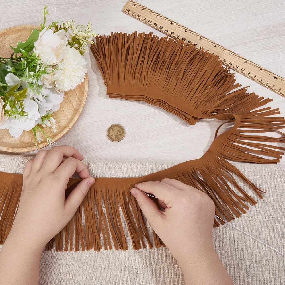 GORGECRAFT 2.2 Yard Faux Suede Fringe Trim 3.7 Inch Brown Double Side PU Leather Tassel Trim Dance Skirt Tassel Sewing Wrap Cover Fringe for DIY Craft Edge Garment Curtains Bag Hem Accessories