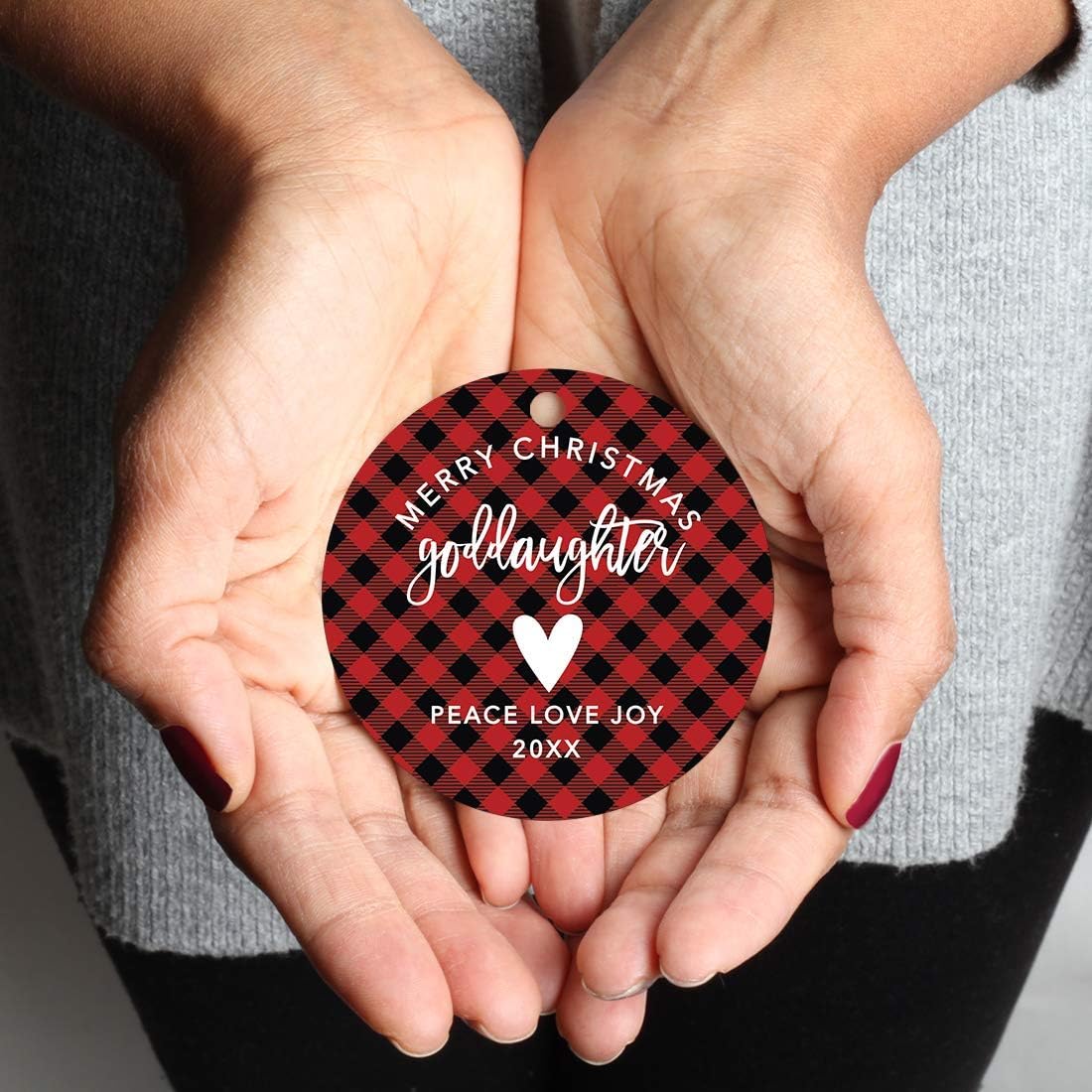 Andaz Press Custom Year Family Metal Christmas Ornament, Merry Christmas Goddaughter 2026, Country Lumberjack Buffalo Red Plaid, 1-Pack, Includes Ribbon and Gift Bag Goddaughter Ornament 2026
