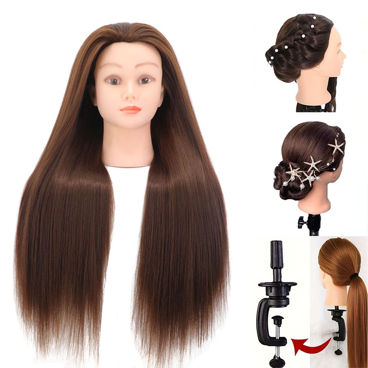 26"-28" Mannequin Head Hair Styling Training Head Manikin Cosmetology Doll Head Synthetic Fiber Hair and Free Clamp Holder Stand Hair Styling Set for Hair Extensions
